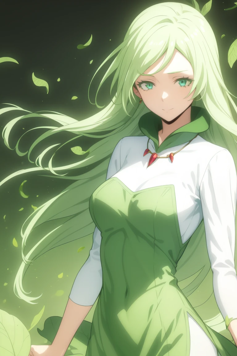 Treyni
<lora:TreyniV1:0.8>
((best quality)), ((masterpiece)), (detailed)
(interview:1.3) upper_body
1girl, breasts, dress, feathers, glowing, green_background, green_theme, jewelry, leaf, leaves_in_wind, long_hair, petals, rose_petals, solo, white_feathers, wind