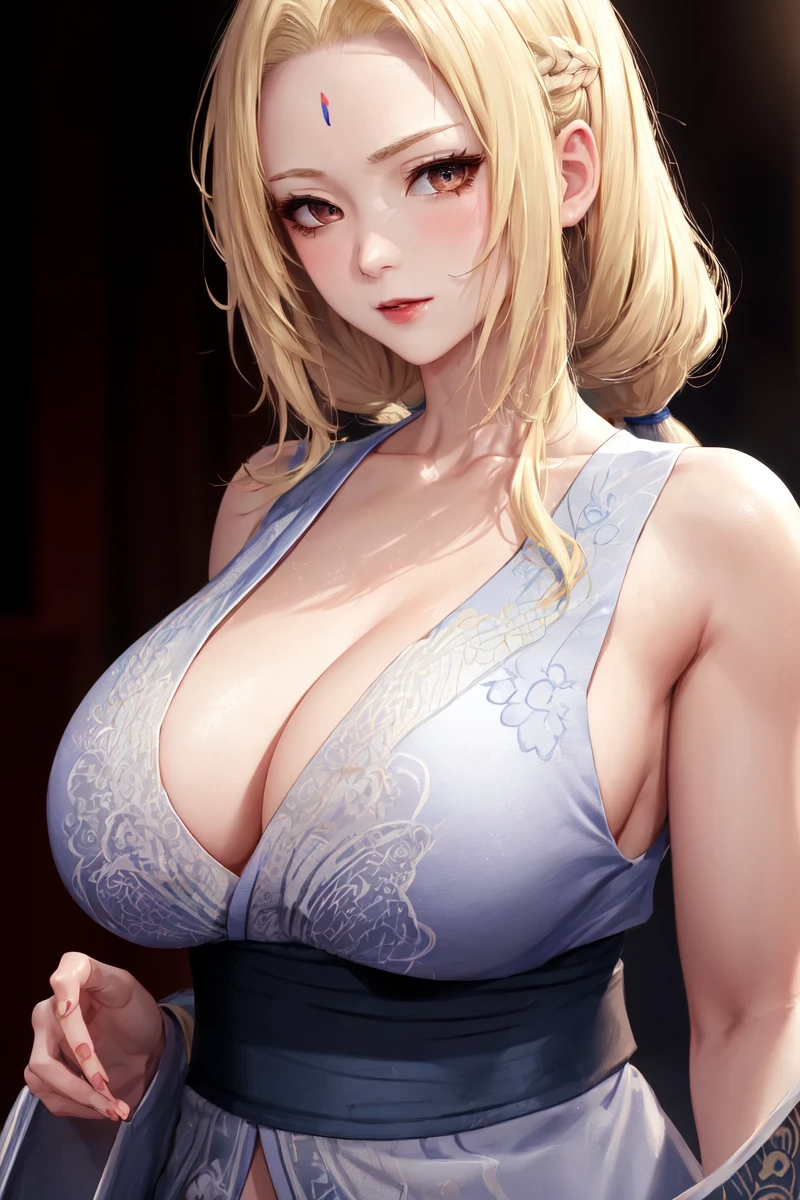 highres, sharp focus, pixiv masterpiece, ((intricate details)), highly detailed,  upper body, 1girl, mature, blonde hair, blue forehead mark, sleeveless kimono, sash, tsunade_senju, <lora:Tunade_Senju_v1_1:0.8>,