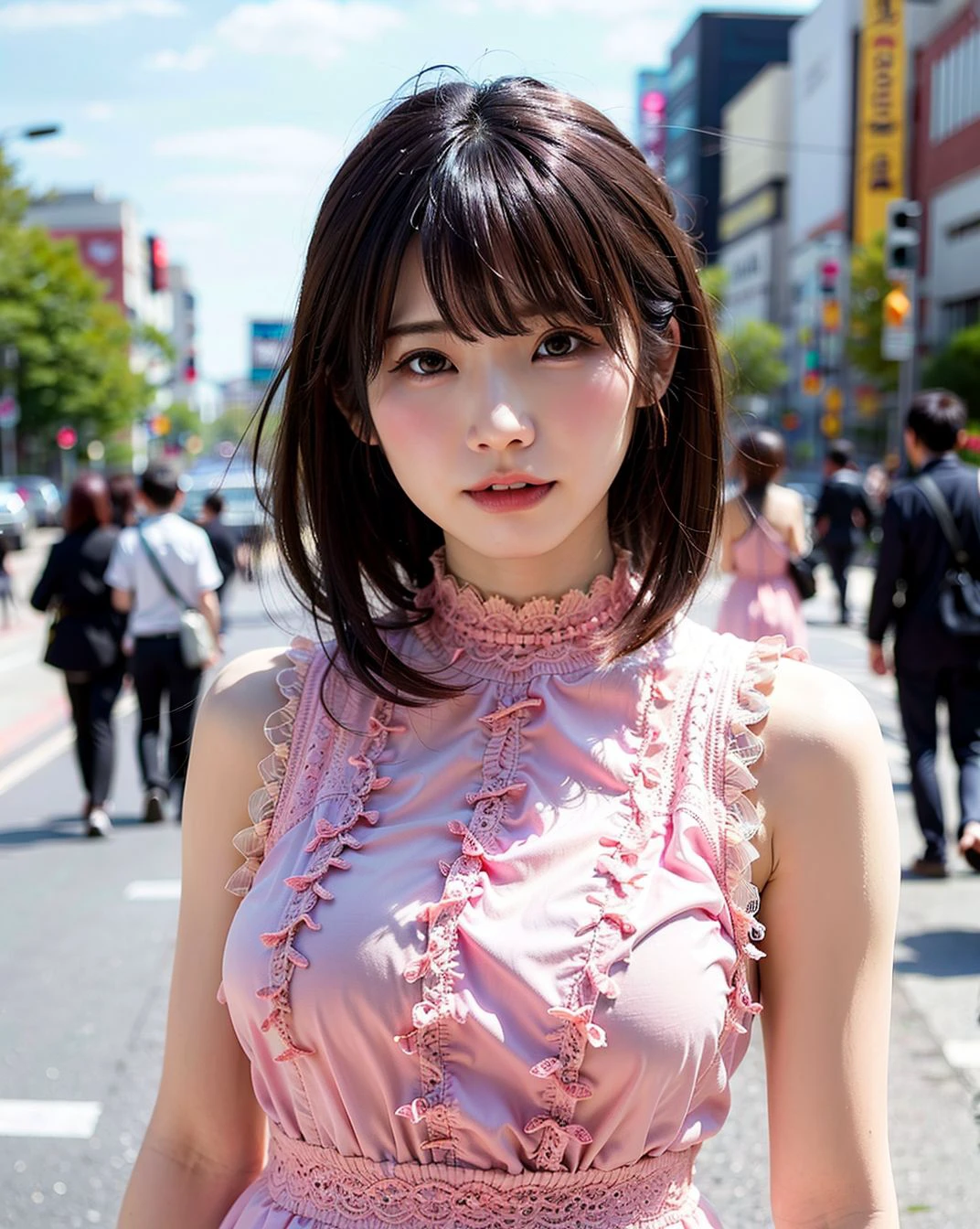 a woman posing on the street corner with pink dress on, best quality, high res, 8k, 1girl, (huge breasts), day, bright, outdoor, (street:0.8), (people, crowds:1), (lace-trimmed dress:1.5, pink clothes:1.5, pink high-neck dress:1.5, sleeveless dress, pink dress: 1.5), gorgeous, (medium hair), beautiful detailed sky, beautiful earrings, (dynamic pose:0.8), (upper body:1.2), soft lighting, wind, shiny skin, looking at viewer,  <lora:Coser_Enako_v1.0:0.65>