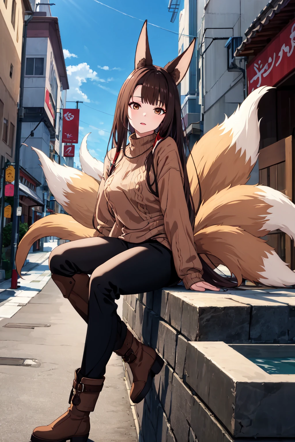 best quality masterpiece, AkagiV5, 1girl, solo, ((brown sweater, black pants, ankle boots)), makeup, tails, multiple tails, kitsune, outdoors, city alley, cowboy shot, sitting, <lora:AkagiV5-10:0.8>