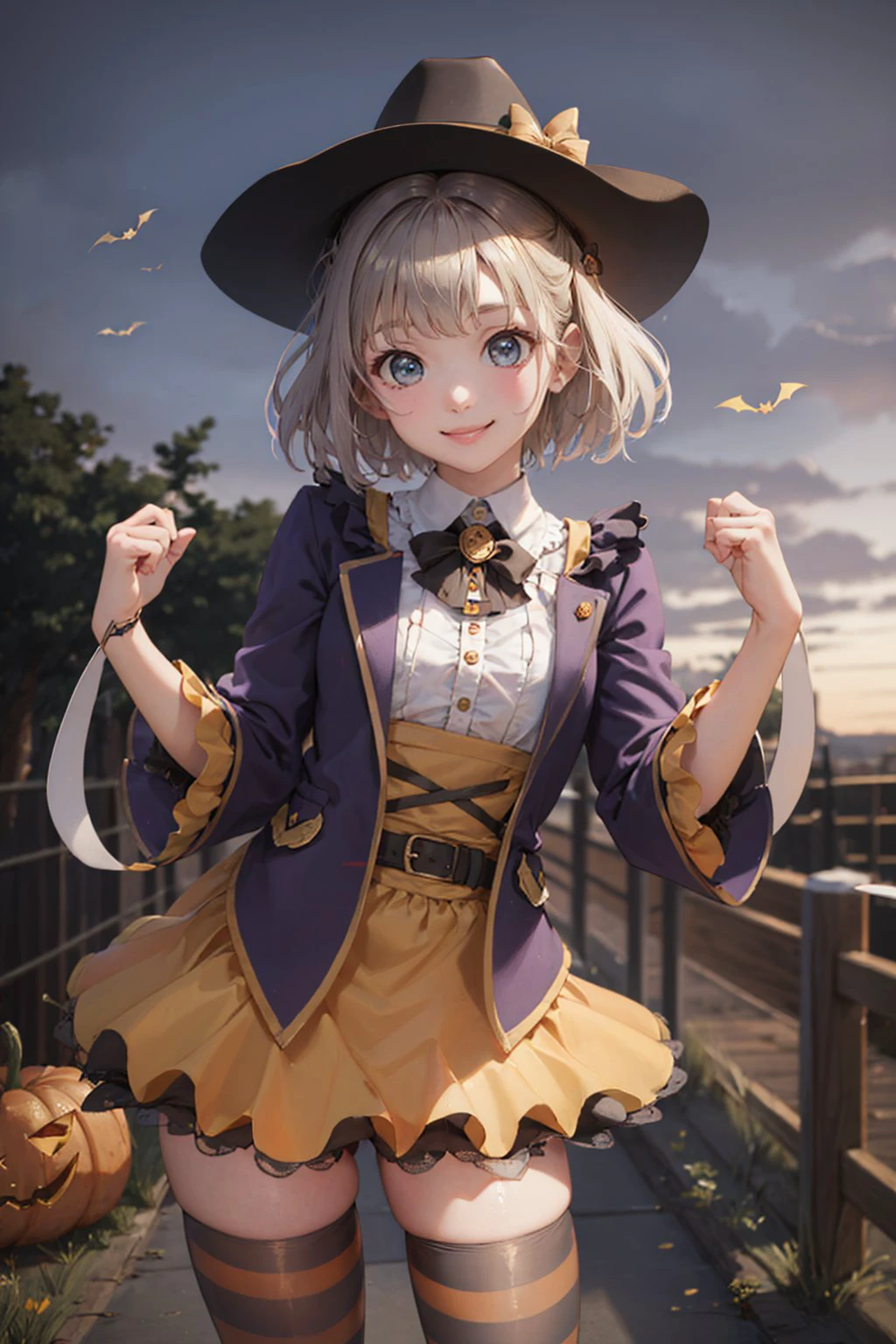 (masterpiece, best quality:1.2), <lyco:attire_stripedthighhighs_blkora-09:1.0>, cowboy shot, solo, 1girl, smile, looking at viewer, halloween costume, striped thighhighs