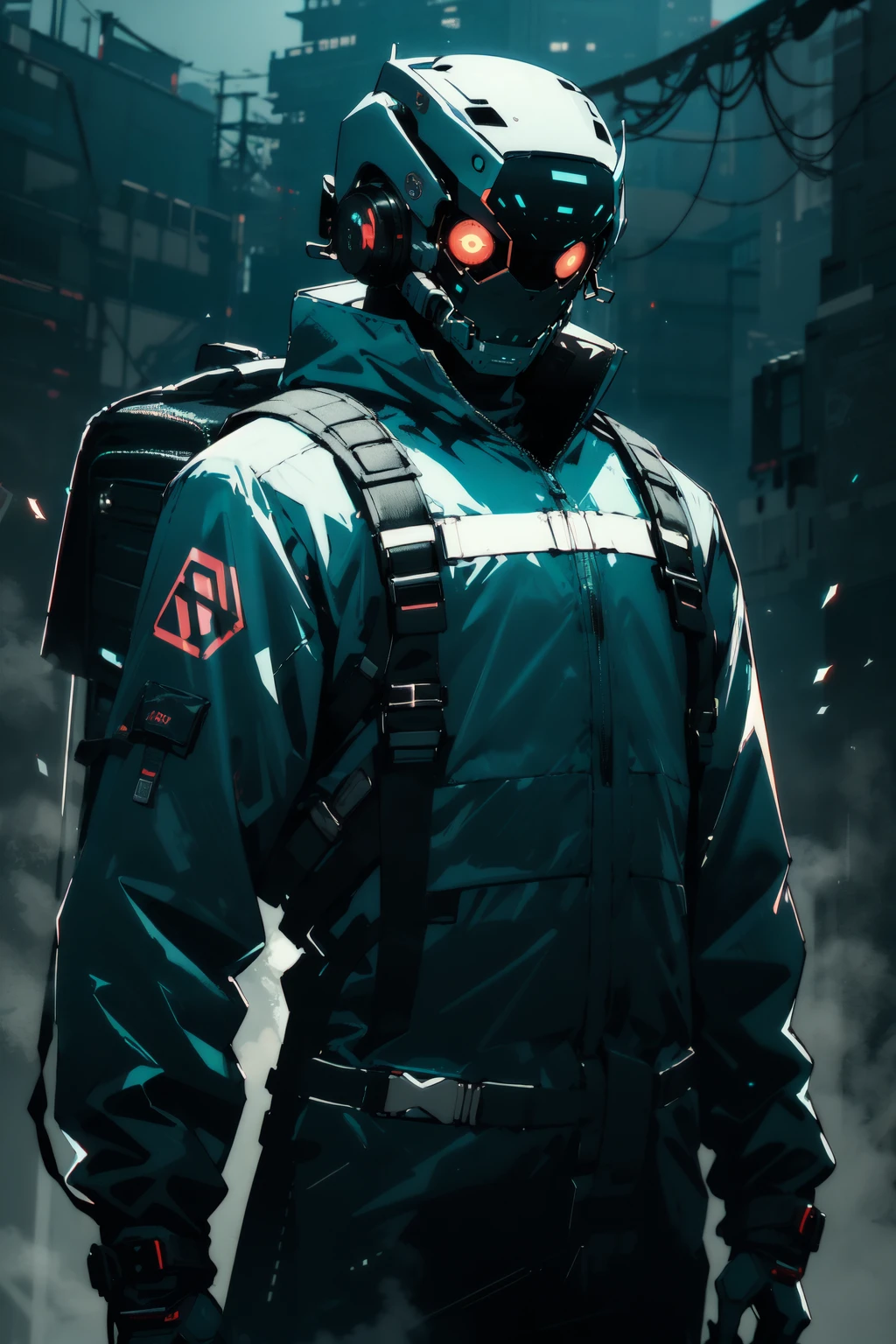 nijistyle, cowboy shot of futuristic man in oversized techwear, short black hair, glowing eyes, mask, belts, backpack, depressed, desaturated, fog <lora:sxz-niji-v2:0.8>