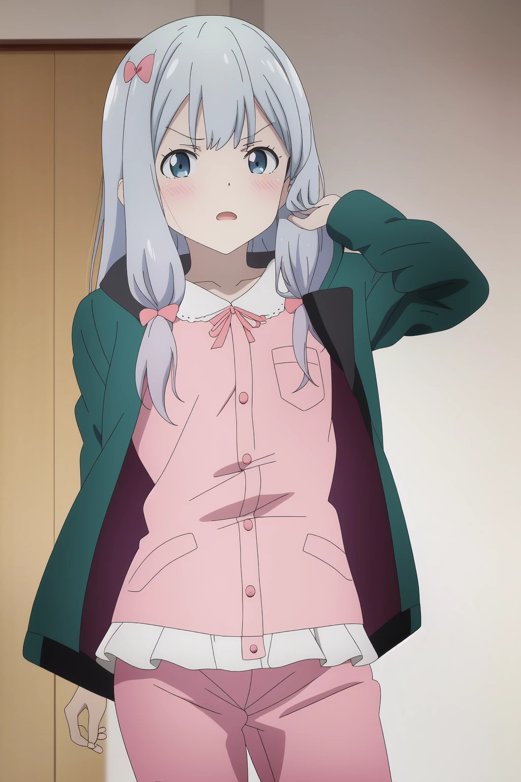 <lora:Eromanga_izumi sagiri:0.7> izumi sagiri
green jacket, pink pajamas, 8k, masterpiece, absurdres, anime,