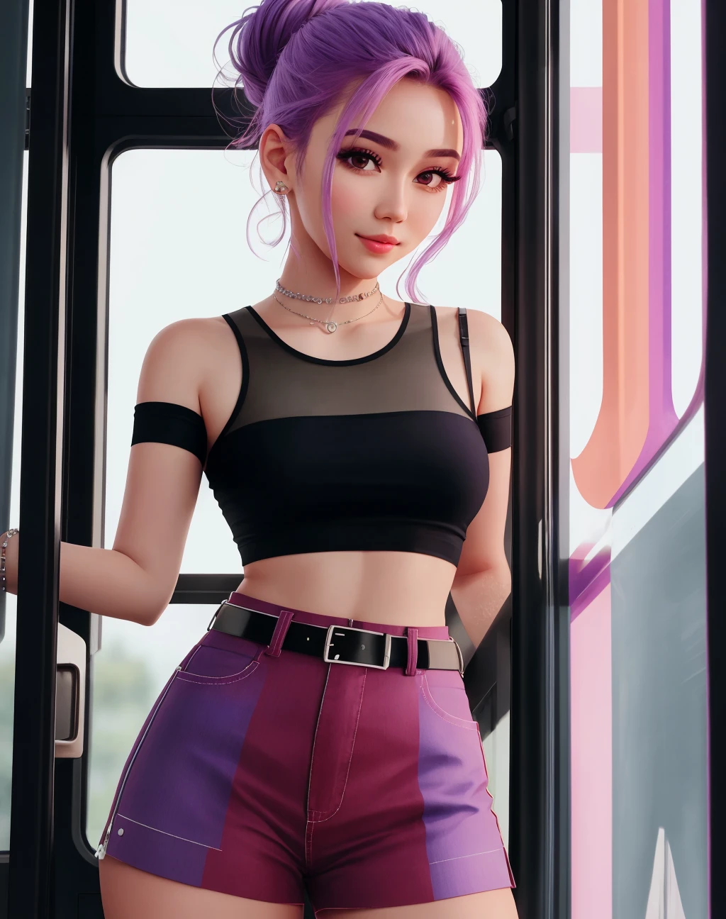 4K, Masterpiece, highres, absurdres,natural volumetric lighting and best shadows,soft detailed facial features,smiling, 1girl, solo, long hair, breasts, skirt, shirt, jewelry, medium breasts, standing, white shirt, pink hair, purple hair, short sleeves, multicolored hair, cowboy shot, earrings, shorts, midriff, belt, black skirt, hair bun, blurry, bracelet, lips, crop top, looking to the side, window, double bun, makeup, thigh strap, blurry background, piercing, reflection, realistic, train interior, wearing Urban_Gal,
 <lora:edgAUG_mini:1>