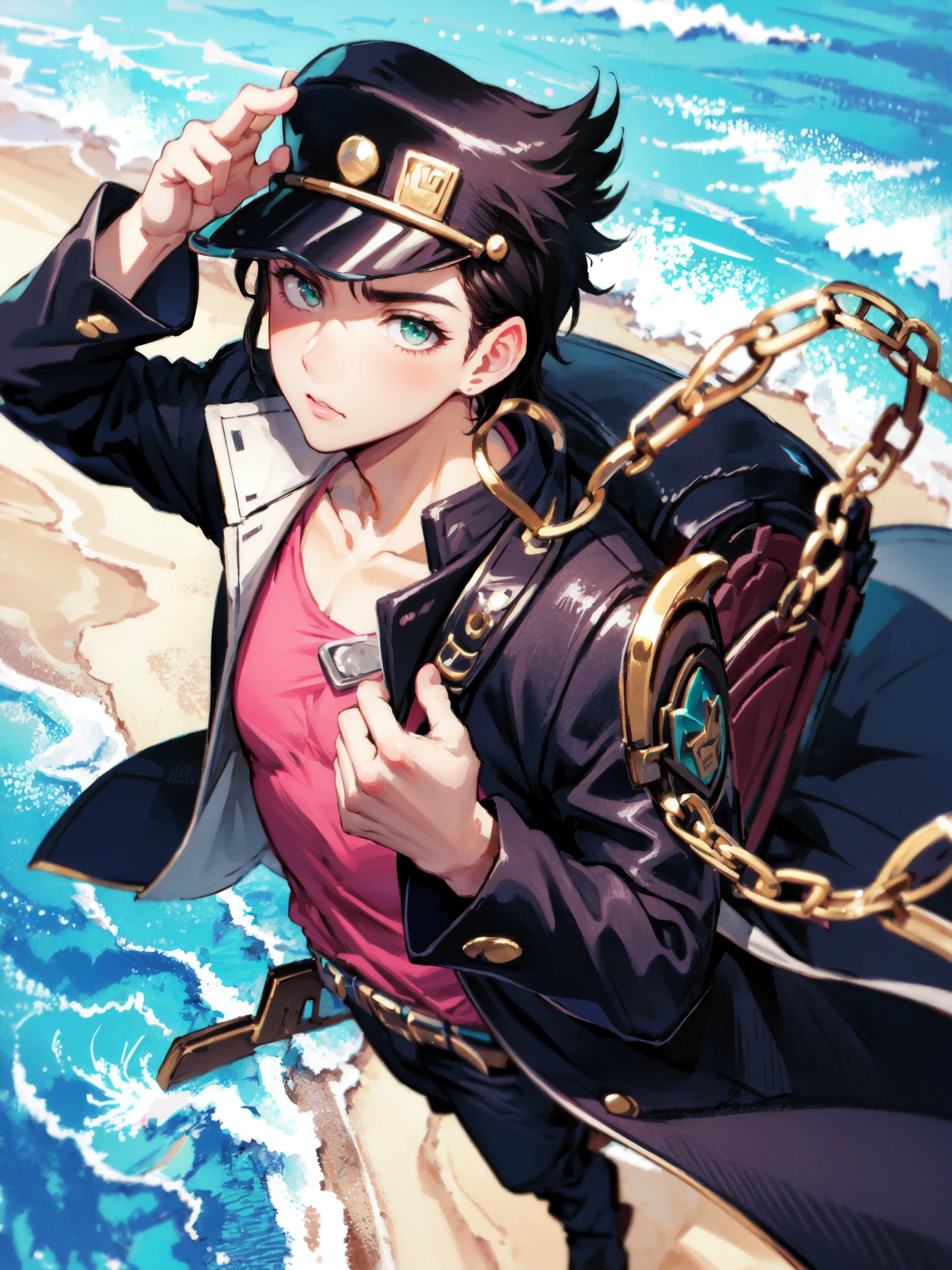 <lora:randoseru_v1.1:1.1>, wearing randoseru backpack, view from above
<lora:jojo_jotaro_kujo-10:1>, kujo jotaro, muscular male, hat, green eyes, school uniform, gakuran, long coat, jewelry, earrings, chain, jojo pose, view from above