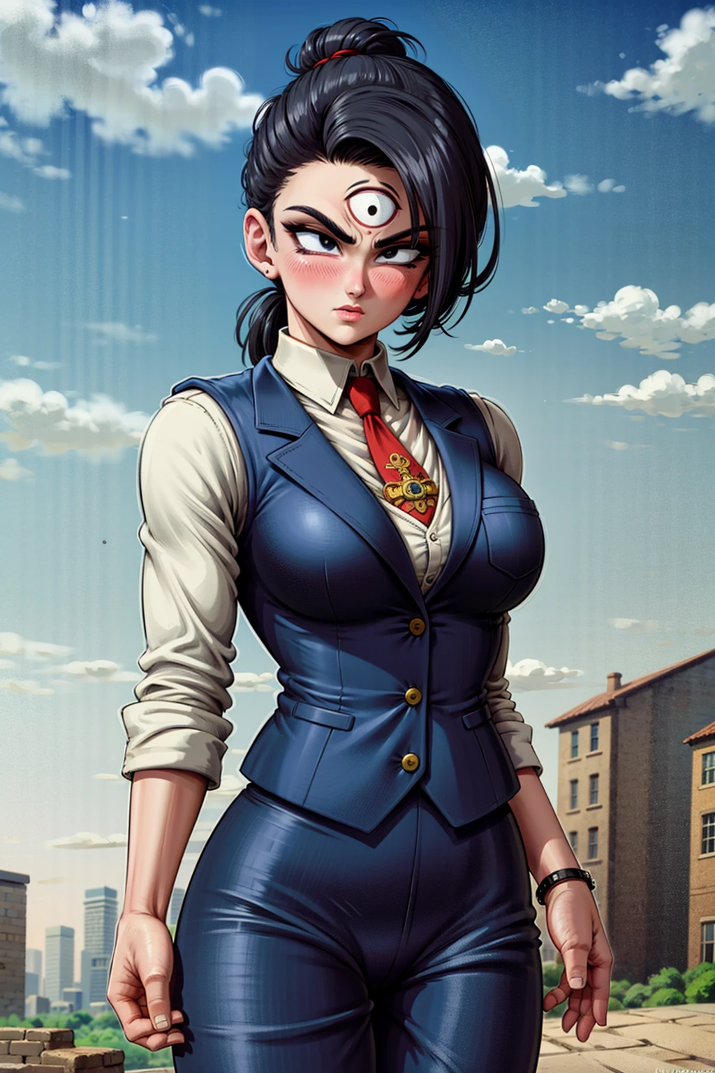 masterpiece, best quality, solo,anime coloring,1girl,medium breasts,eyelashes, blush, a cowboy shot of a ((woman)) tien with ((third eye:1.2)) and black eyes, (dark blue tweed suit, vest), white shirt, pocket watch, standing on a old england dirt road with brick buildings in the 20s, fog, smoke, dark,bald