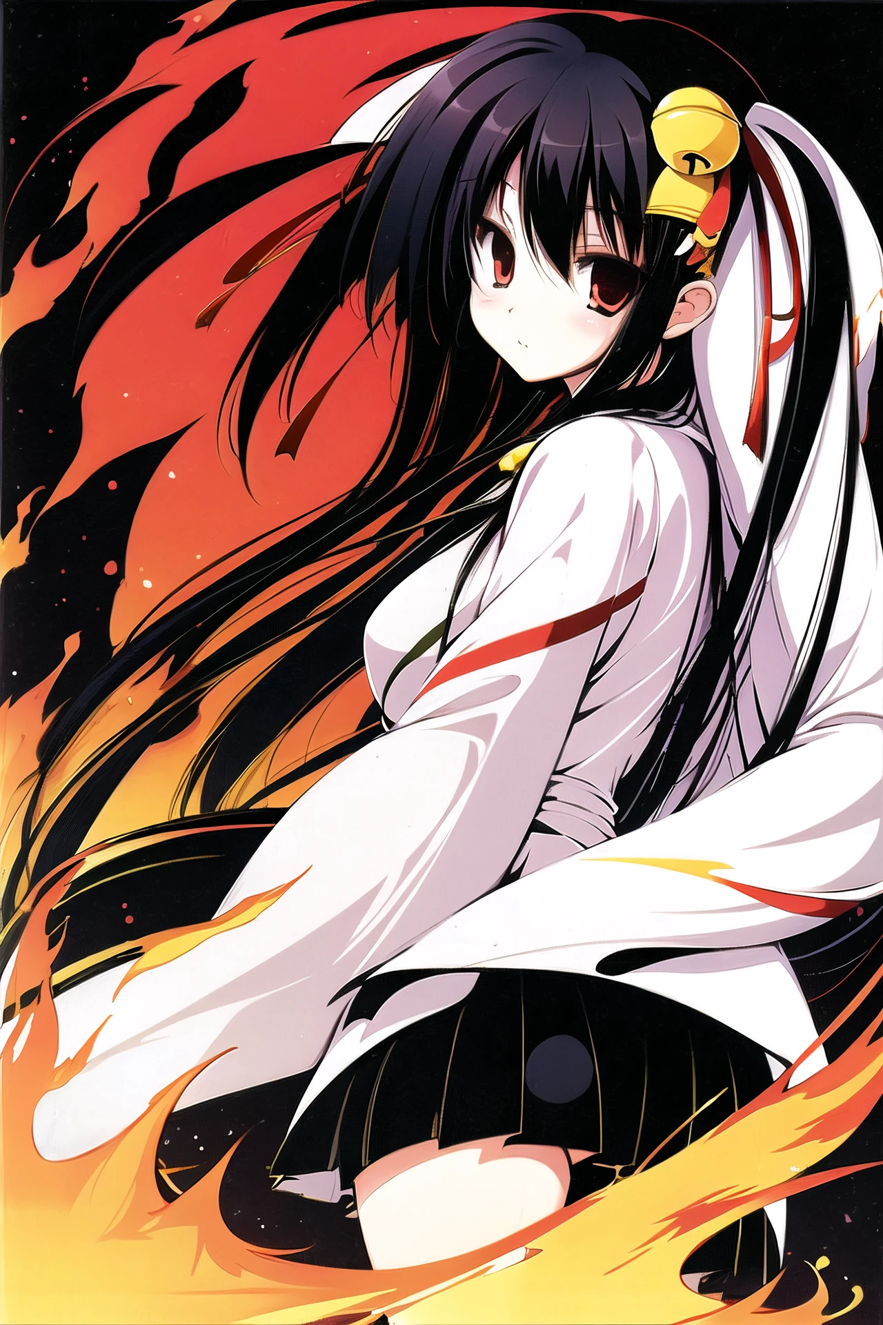 1girl, solo, black hair, fire, red eyes, bell, long hair, hair ornament, long sleeves, looking at viewer, looking back, hair bell, ribbon, <lora:tenmu:0.9>