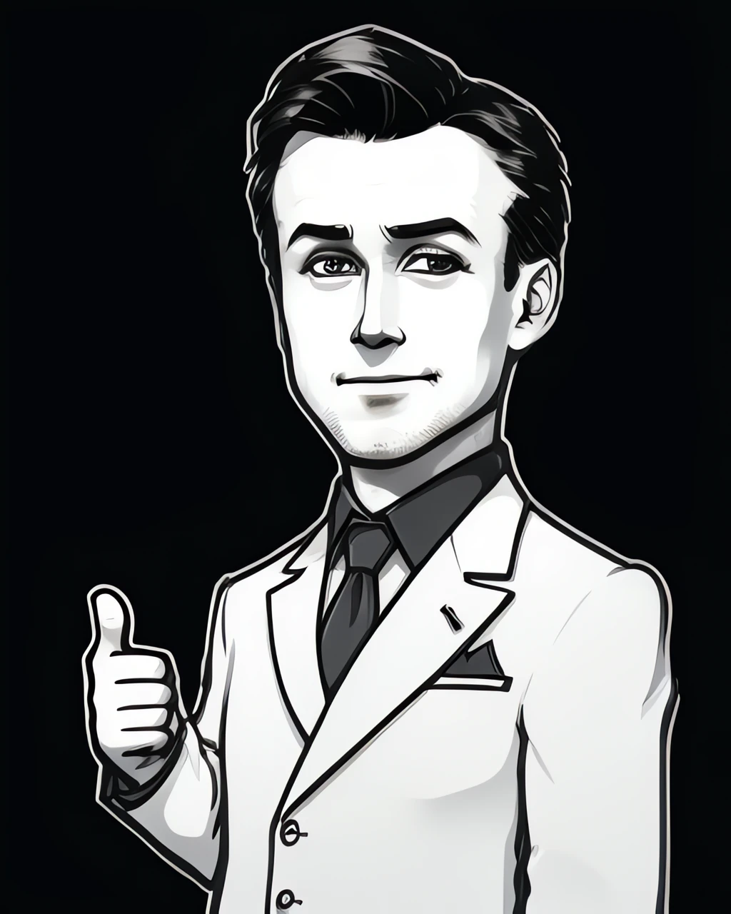 masterpeace, cartoon, die-cut sticker, a man, ohwx, suit, looking at viewer, showing thumb up, clean shaved, perfect eyes, centered, upper body, front shot, simple background, minimalism, monochrome, (solid outline:1.2) <lora:easy_sticker:0.8> <lora:Ryan_gosling:1>