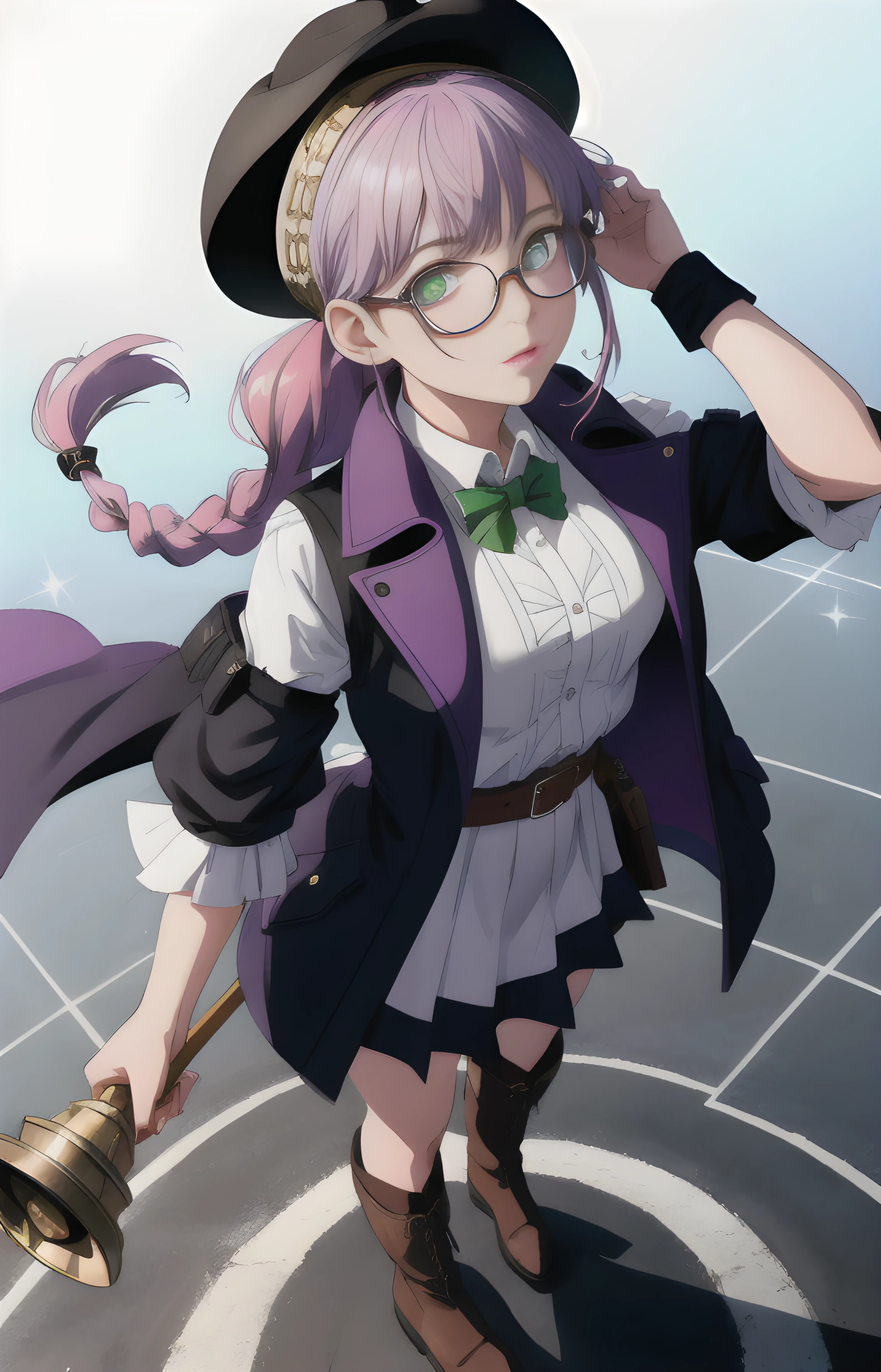 absurdres, (best quality), (masterpiece), (ultra-detailed:1.2), (photorealistic:1.4), (highres), reflection, (cowboy shot:1.2), spell, (from above:1.2),looking up, 1girl, cute anime girl, emma millstein, glasses, newsboy hat, braided ponytail, purple sleeveless coat, white shirt, green skirt, belts, white boots,glowing eyes, (magic circle:1.5) ,(hologram:1.3), (Quadruple Oblong:1.3),compass,fire magic,(zentangle:1.1) , ancient castle