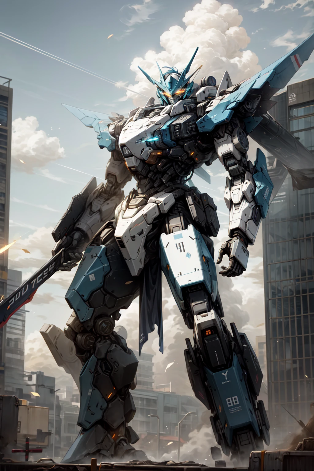 <lora:Mecha:1>sky, cloud, holding_weapon, no_humans, glowing, , robot, building, glowing_eyes, mecha, science_fiction, city, realistic,mecha