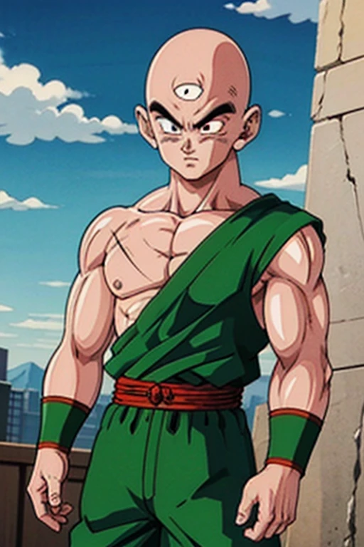 masterpiece, best quality, solo,anime coloring, a cowboy shot of a tien with ((third eye)) and black eyes, green dougi,scar on chest,red sash, green pants, green wristbands, outdoors next to a ring,bald