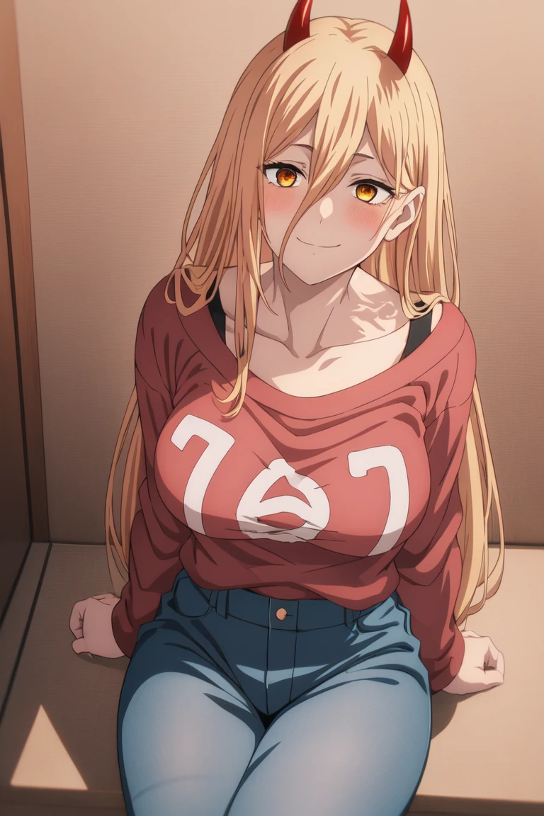 BoBa
1girl, blonde_hair, blush, breasts, collarbone, hair_between_eyes, horns, long_hair, looking_at_viewer, red_horns, red_shirt, shirt, smile, solo, yellow_eyes, circle_eyes
<lora:BoBaV1:0.8>