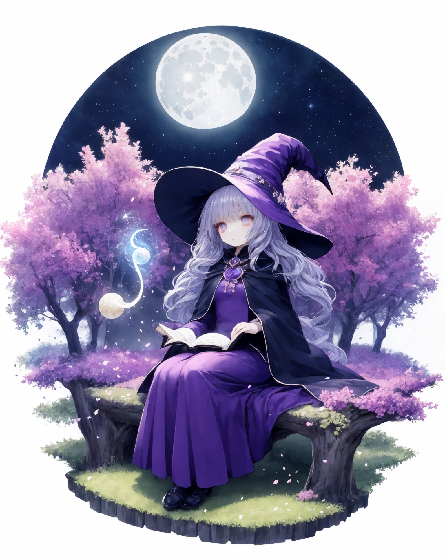 (white background:1.5), 1 girl, mid shot, full body,
solo, watercolor, purple theme, witch, sitting, gentle breeze, detailed sky, detailed eye, side blunt bangs, hairs between eyes, close to viewer, flying splashes, flying petals, wind, young adult, purple hair, long wavy hairstyle, silver hair accessory, purple eyes, almond-shaped eyes, serene expression, average breast size, purple witch hat, black wide-brimmed hat, purple cloak, flowing fabric, stars pattern, crescent moon pendant, purple dress, floral print, ankle-length, silver jewelry, magical staff, moon-shaped gemstone, night sky background, twinkling stars, full moon, misty clouds, silhouettes of trees, owl perched on a branch, book of spells, glowing purple runes, crystal ball, purple smoke, sparkles, enchanted forest, moonlit path, glowing mushrooms, potion bottles, bubbling cauldron, broomstick, flying silhouette of a bat, castle silhouette, moonlit lake, reflection of the moon, shooting stars, mystical aura. <lora:GachaSplash4:1:Gacha> <lora:CuteGothicFashion:1>