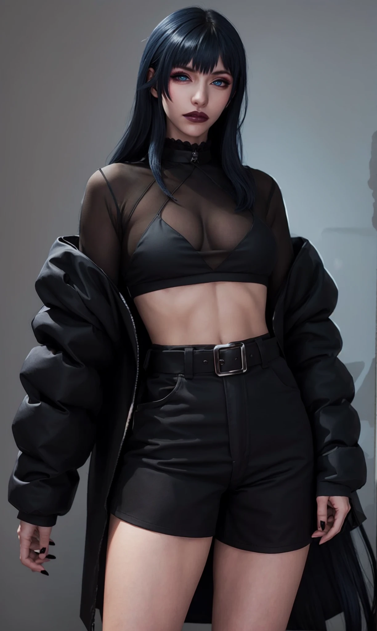 masterpiece, (photorealistic:1.4), best quality, backlighting, neon genesis evangelion, pale skin,
<lora:gaia1.0:0.7>, black hair, blue eyes, blue eyeshadow, detailed black lipstick, black lips, black fingernails, <lora:dreamyGirlsFace_dreamyFace:0.3>