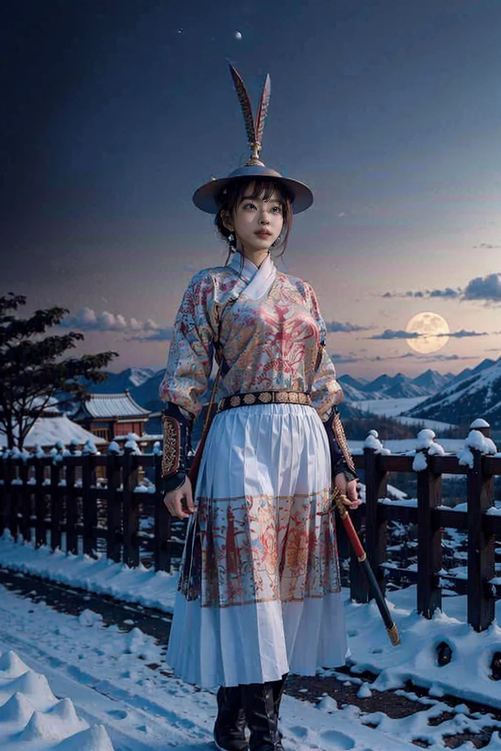 breasts outline, breast shape visible through clothing, big beautiful breasts,Ancient Chinese fortresses background, city walls,desert, 1girl, masterpiece, 8k, best quality, photorealistic, outdoor, snow, sword, moon_night