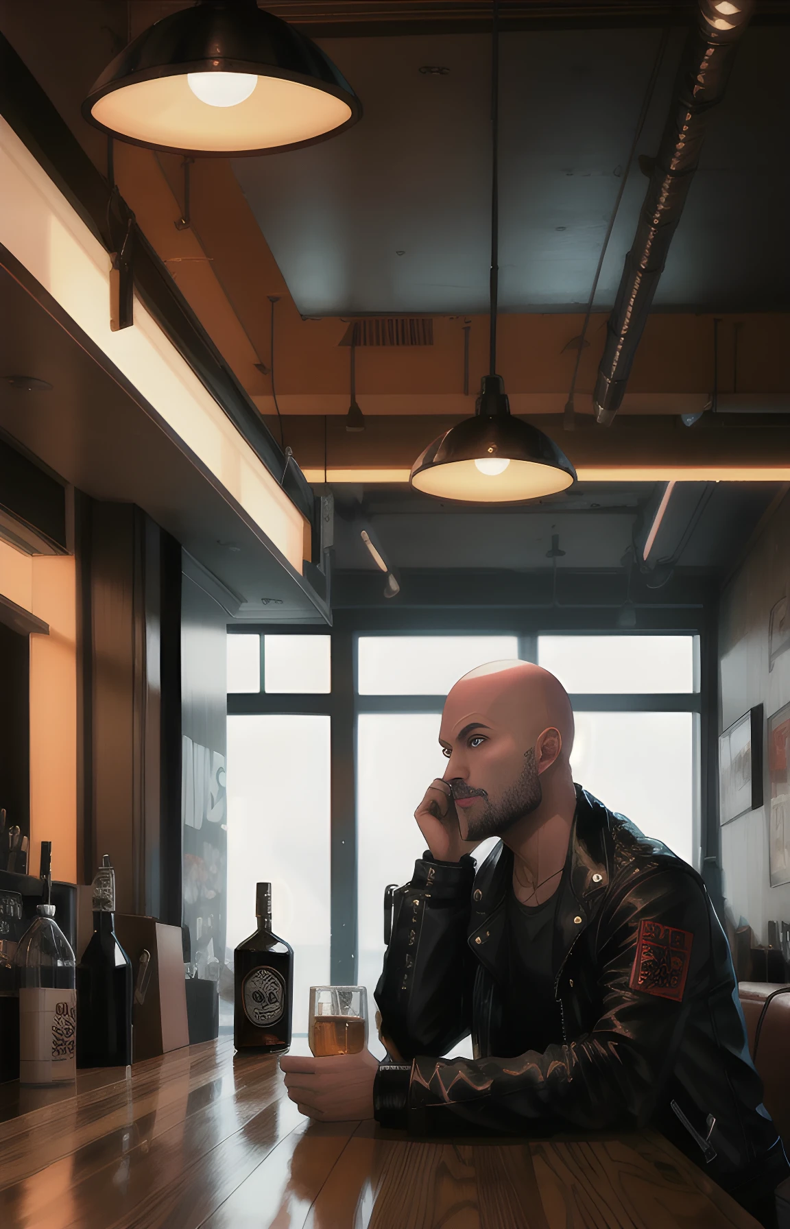 absurdres, highres, ultra detailed, photorealistic, (1boy:1.3), japanese actor, solo, BREAK young man, bald head, (black beard:1),30 years old, tanned skin, hiphop, leather jacket and (flannel shirt) , blitish style, BREAK drinking on a desk counter in (an old British pub), inside, dimly lit room, (Whiskey: 1.2), (view from inside of desk counter:1.1), night, BREAK (Design a cyberpunk world), with neon lights, advanced technology, and a dystopian atmosphere