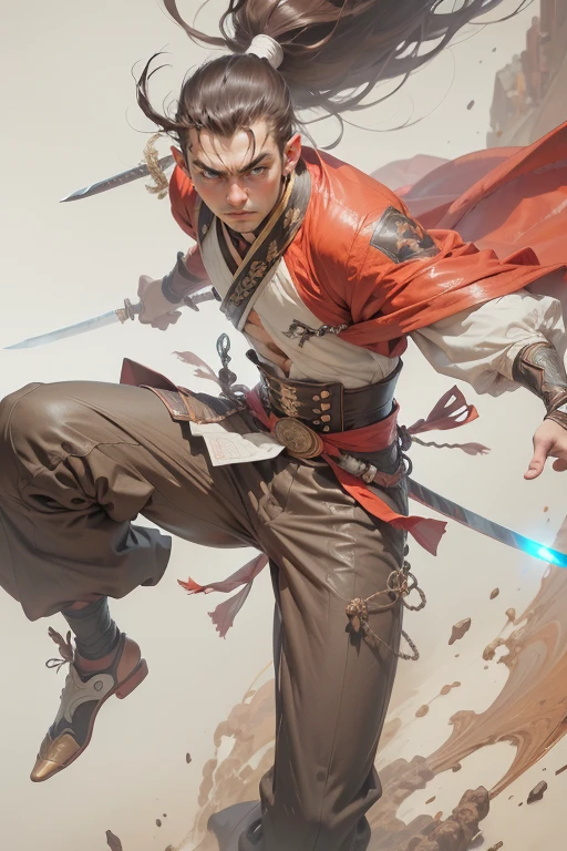 Best quality,masterpiece,ultra high res,(photorealistic:1.4)weapon,sword,1boy,male focus,solo,white background,looking at viewer,long sleeves,simple background,sash,holding weapon,pants,holding,full body,holding sword,floating hair,ponytail,<lora:wuxia:0.8>,chestnut,corset,ojou-sama pose,