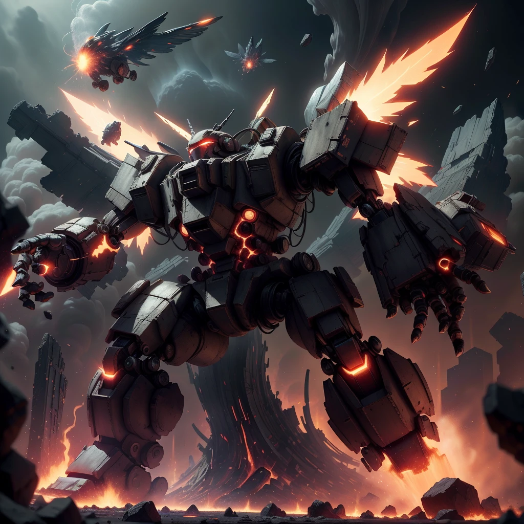 <lora:MagmaTech-20:0.8>,MagmaTech,
lava, blazing, eruption,flame wings
battle mech,floating stones , debris, cityscape,