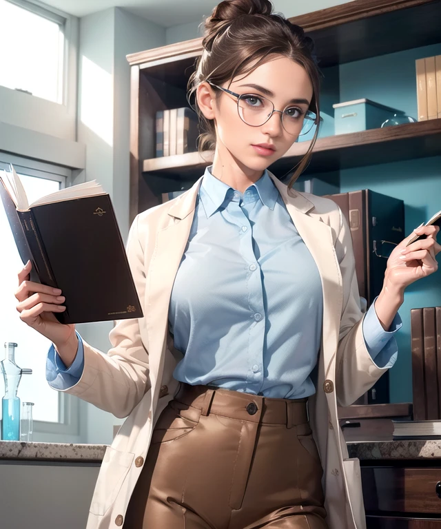 woman in her 20s, (perfect face), defined jawline, (beautiful brown eyes), beautiful lips, (brown hairbun hairstyle), (perfect hands), (light blue buttoned shirt under white lab coat:1.2), (black pants), (thin round -frame eyeglasses), (holding books), looking at viewer, (medium shot photograph), (laboratory background), photorealistic