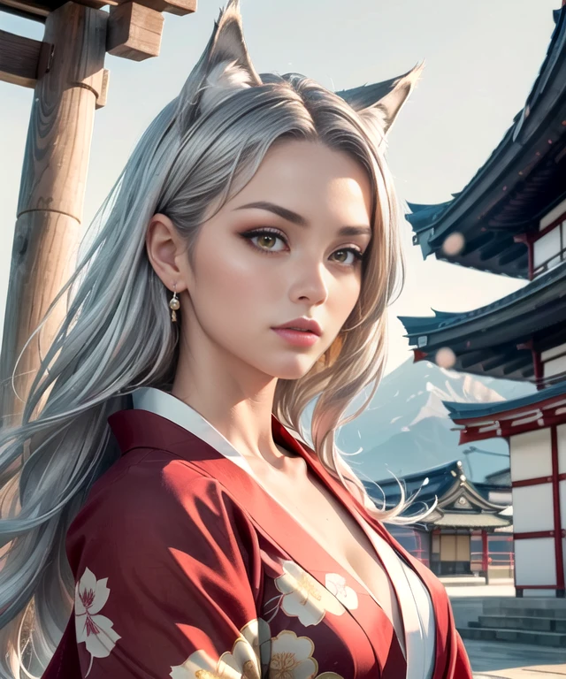 woman in her 20s, (perfect face), defined jawline, beautiful lips, (beautiful bright yellow eyes), (red eyeliner), (sexy), (long messy flowing silver iridescent hair), (wolf ears on top of head), (red intricate kimono:1.3), (looking at viewer), (medium shot photograph), (enchanted Japanese shrine background), photorealistic