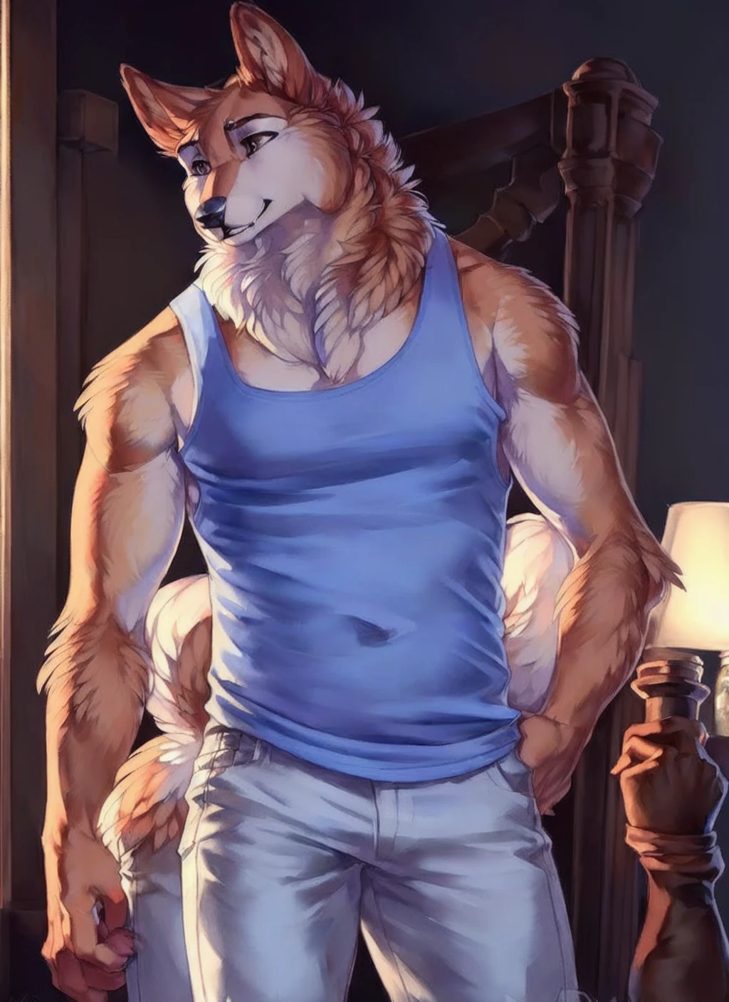 <lora:yuu-07:1>, solo, full body, clothed, tank top, detailed fluffy fur, (by ruaidri, Michael & Inessa Garmash, Ruan Jia, Pino Daeni), impasto impressionism, detailed face, (fluffy) (short hair), , detailed face, detailed eyes, smile, lovely, (solo),