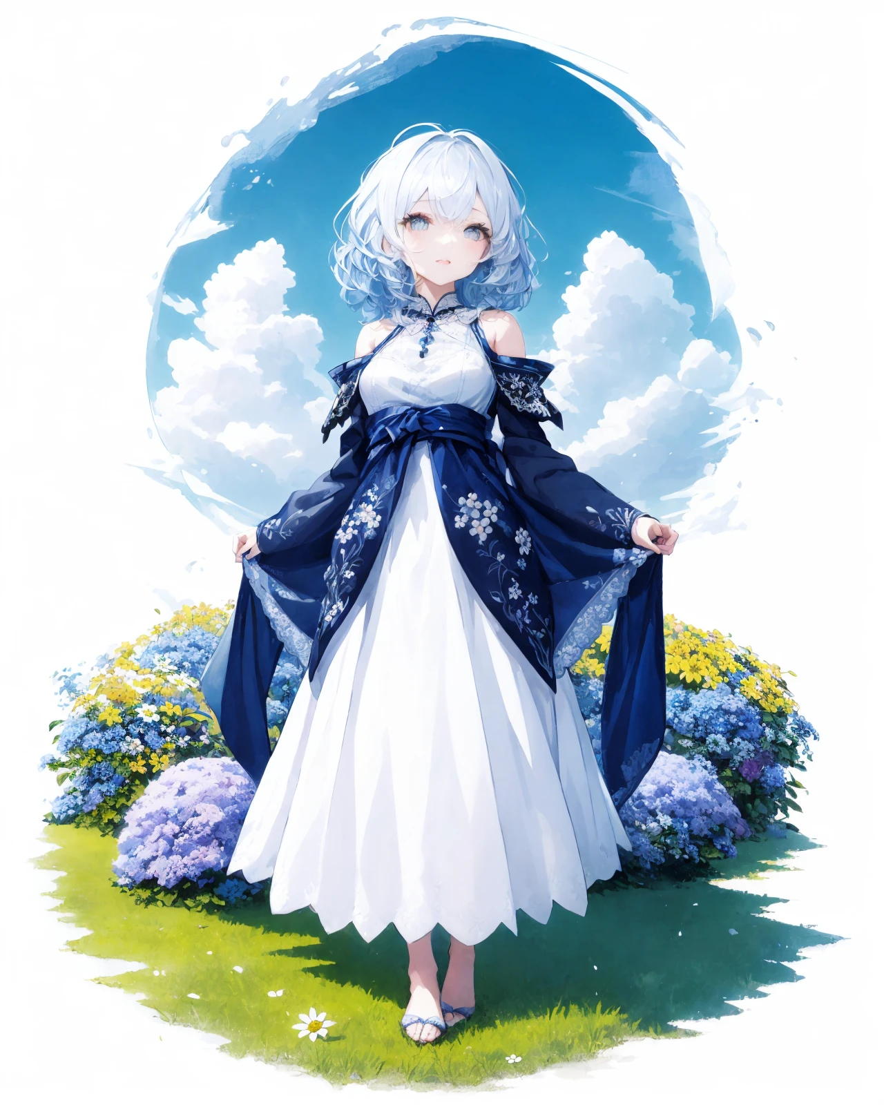 (white background:1.5), 1 girl, mid shot, full body,
solo, watercolor, delicate brushstrokes, blue color palette, floral ornamentation, intricate patterns, small daisies, gentle strokes, young, vibrant, shoulder-length blue hair, wavy, adorned with a silver hairpin, sparkling sapphire eyes, almond-shaped, serene expression, modest breast size, flowing blue dress, ethereal fabric, adorned with delicate floral embroidery, standing in a field, blue sky background, scattered fluffy clouds, surrounded by a sea of blooming blue flowers, petals floating in the breeze, sunlight filtering through the leaves, capturing the girl's silhouette in a soft glow, a sense of tranquility, beauty, and harmony. <lora:GachaSplash4:1:Gacha> <lora:SilvermoonMix06:1>