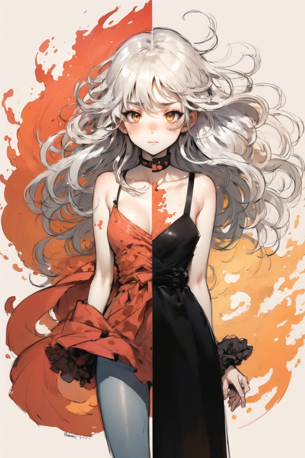 masterpiece, best quality, 1girl,(fiery:1.25), flat color, watercolor, pencil, (sketch, jaggy lines:1.4), white hair, white eyes