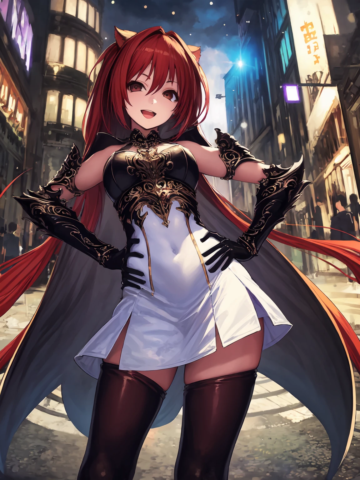 masterpiece,best quality,highres,1girl,<lora:CerberusV1:0.75>,:d,white dress,street scape,hands on own hips,looking at viewer,shops,crowd,(depth of field:1.4)