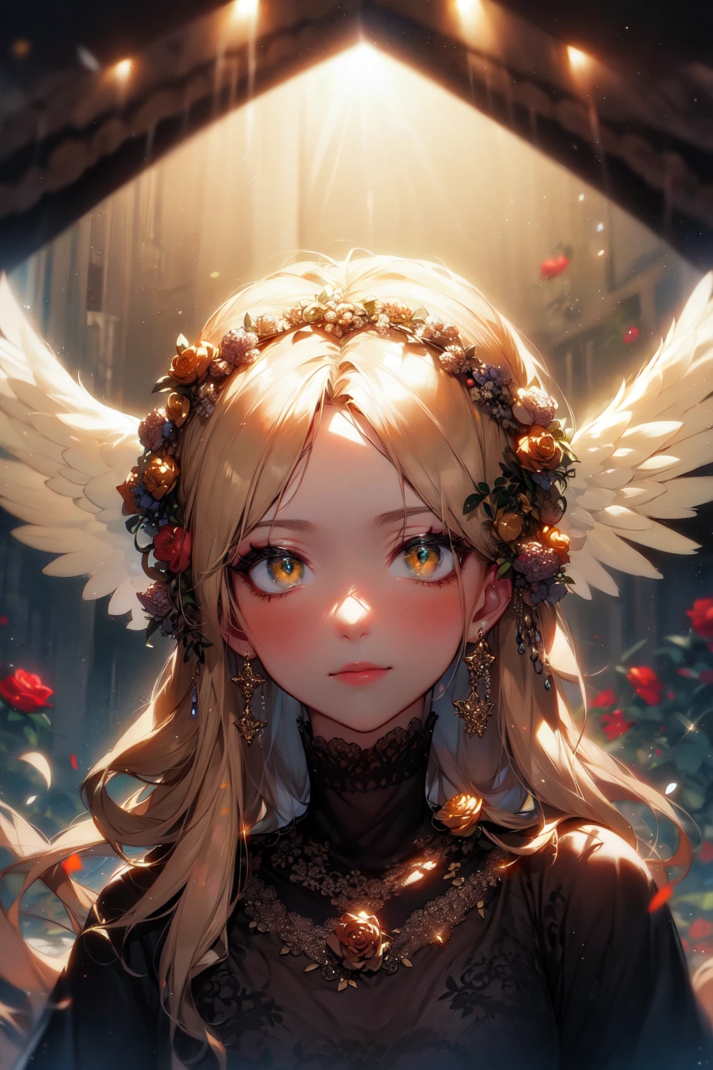 (Masterpiece:1.2), best quality, (illustration:1.2), ornate decorations,(Masterfully crafted Glow, lens flare), (ultra-detailed), hyper details, (delicate detailed), (intricate details), (cinematic light, best quality Backlights),(bioluminescent hair), (glowing eyes), (Dynamic:1.2), ((makeup)), absolutely eye-catching, prehistoric,((colourful paint splashes on background, dulux,)), ((caustic)), dynamic angle, (Captivating),(Intricately Detailed Cinematic :1.1), ambient occlusion, ambient light, ray-traced reflections,(best illumination, an extremely delicate and beautiful), ((cinematic light)), colourful, powerful, (Cinematic masterpiece),big dreamy eyes, perfect proportions, perfectly drawn face, Albedo, white hair, chains, comfortable, Intense, day, Golden sky, Inticing, illustration, Angels everywhere, yellow eyes, red roses, chains, splashes of colour, smooth soft skin, Golden Hour, atmospheric, Park, Fields, Bullets, Breath-taking, ambient light coming from sky, soft warm glow coming from chains, god rays, halo, beautiful intricate coloured hair, symmetrical, soft lighting, , concept art, digital painting, looking into scenery, realistic reflections, tracers everywhere