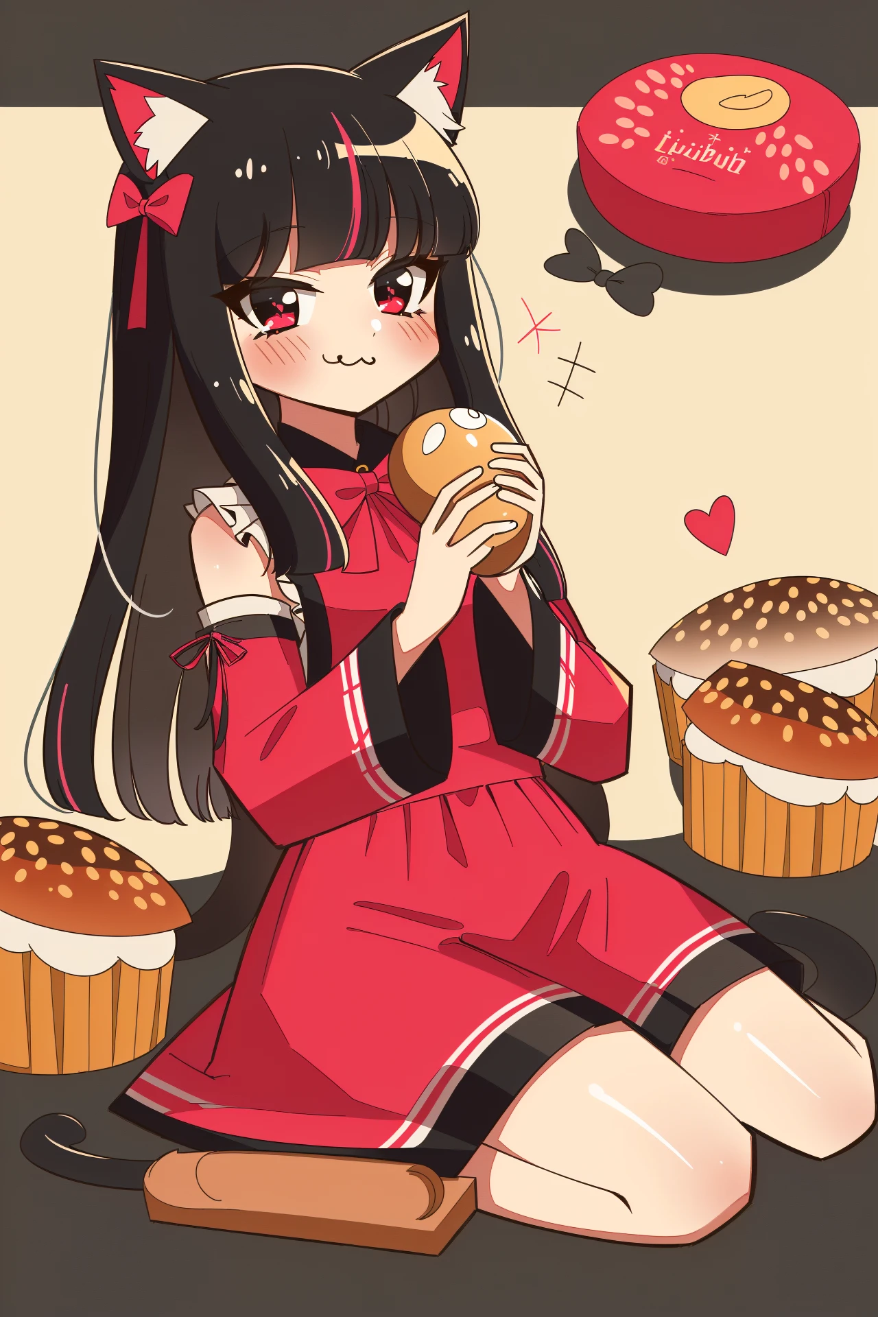 by tukumi bis, 1girl, food, chibi, animal ears, red eyes, black hair, solo, wagashi, bow, hair bow, food on face, cat ears, detached sleeves, holding, holding food, multicolored hair, heart, long hair, eating, dress, red dress, sitting, blush, :3, looking at viewer, dango, bangs, cat girl, animal ear fluff