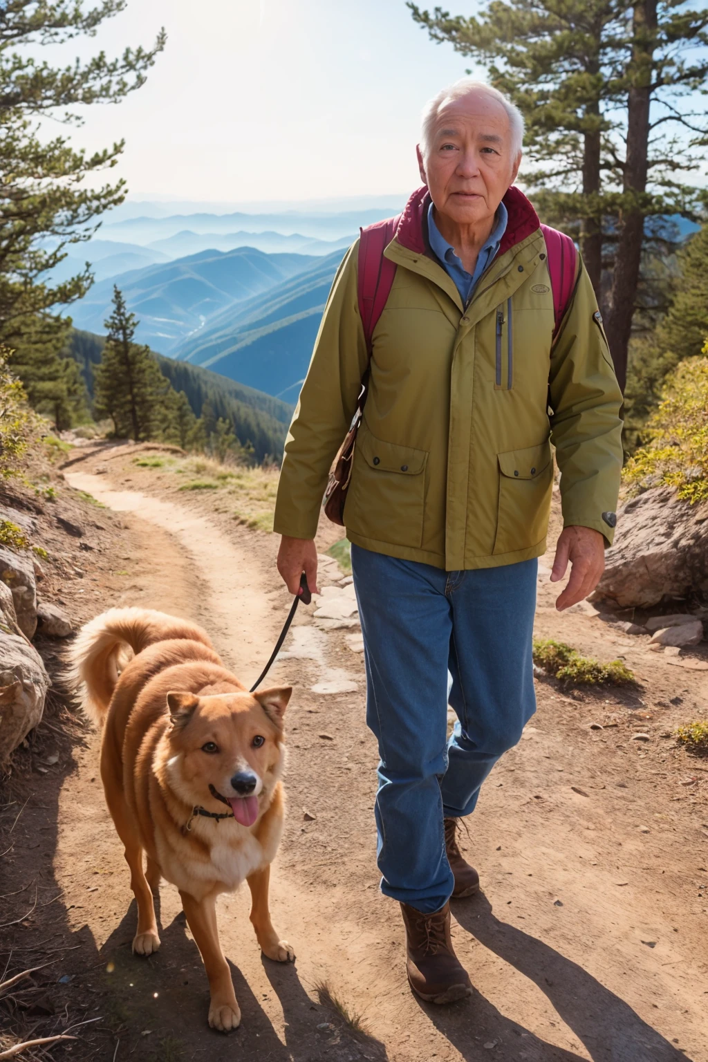 from_front facing viewer looking at viewer old man walking dog on mountain trail boots bright morning sunlight
(masterpiece:1.2) (photorealistic:1.2) (bokeh) (best quality) (detailed skin:1.3) (intricate details) (8k) (HDR) (analog film) (canon d5) (cinematic lighting) (sharp focus)