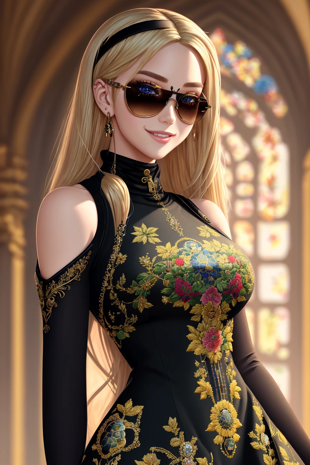 Masterpiece, absurdres, fine detail, HDR, highly detailed face and eyes, anime drawing, solo,1girl,smiling
sexy_attire,Haute_Couture, Blonde Nadia with sunglasses and a choker,wearing a [Haute_Couture|sexy_attire]_([designer dress|(((turtleneck)))]:1.15),embroidery, floral
 <lora:SexyCouture:0.88> <lora:Nadia:0.3>