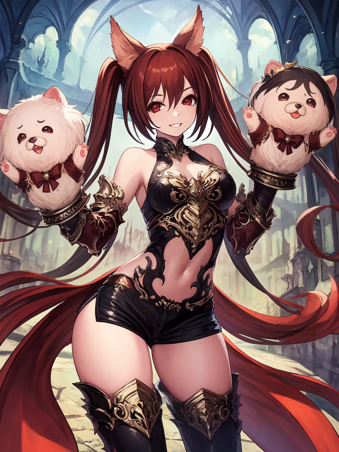 masterpiece,best quality,highres,1girl,<lora:CerberusV1:0.75>,gloves,animal ears,firing puppets out,firing hand puppets out,firing doggy gloves out,smile,happy