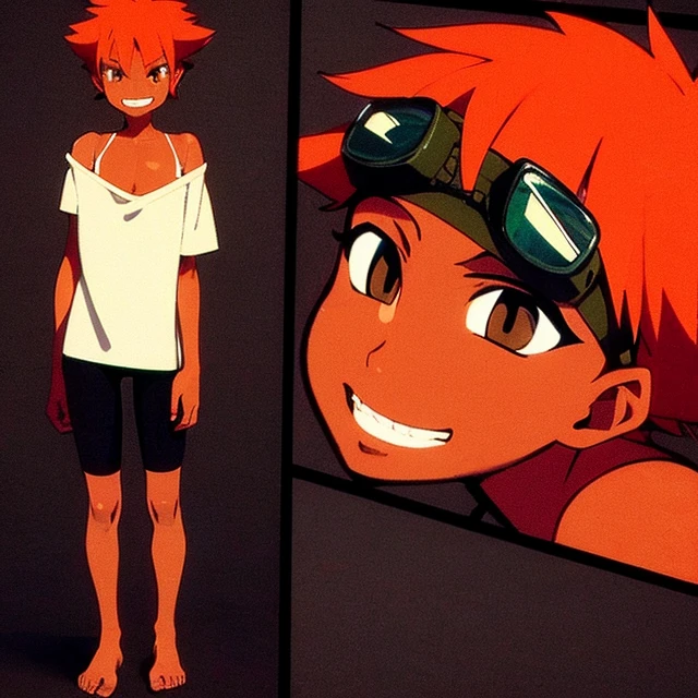 Edward, standing, Goggles
tan skin, tomboy, midriff, orange hair, loose shirt, off shoulder, spiked hair, barefoot, bike shorts, brown eyes, goggles on head, grin
(insanely detailed, beautiful detailed face, masterpiece, best quality) <lora:Edward-03:1>