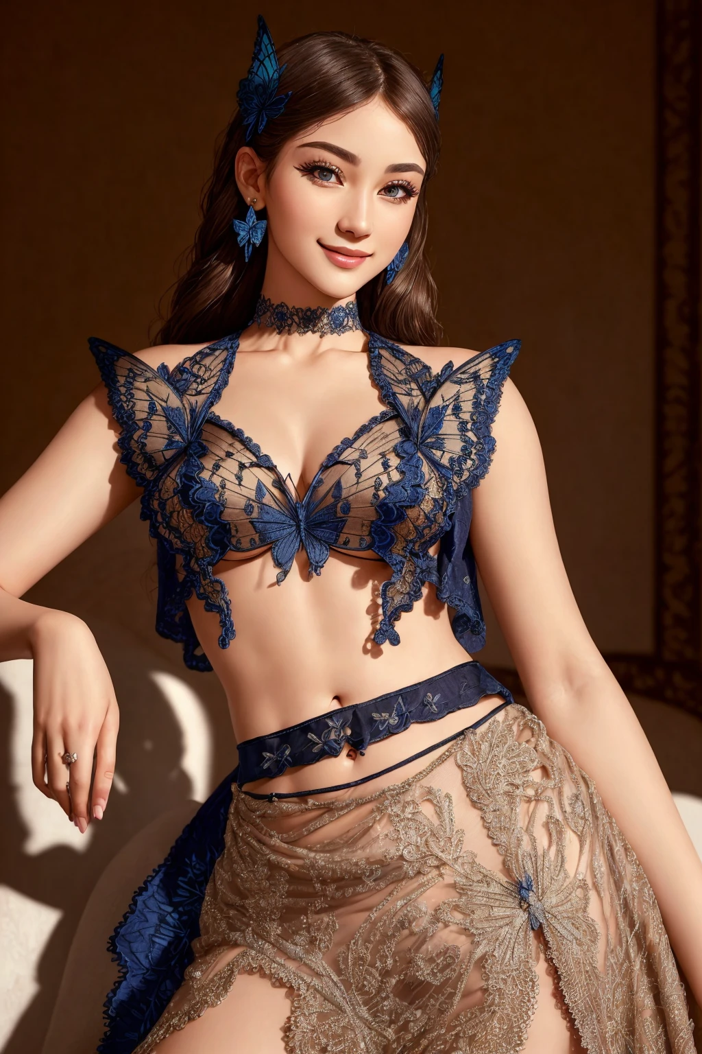 Masterpiece, absurdres, fine detail, HDR, highly detailed face and eyes, photorealistic, solo,1girl,smiling
butterfly_top,Haute_Couture, woman wearing a [Haute_Couture|butterfly_top]_([designer dress|jacket]:1.15), butterfly design embroidery, cowboy shot
 <lora:ButterflyCouture:0.88>