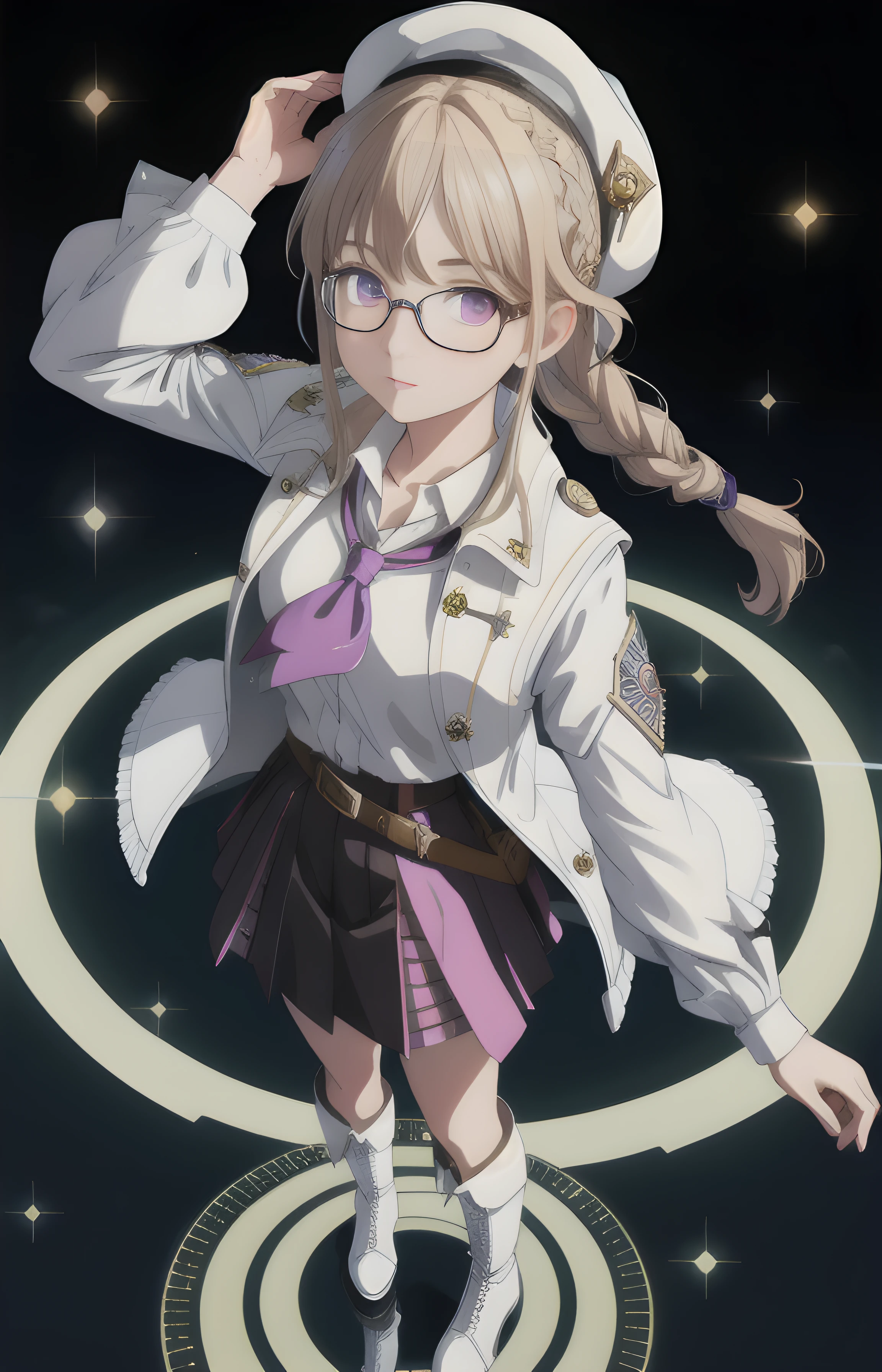absurdres, (best quality), (masterpiece), (ultra-detailed:1.2), (photorealistic:1.4), (highres), reflection, (cowboy shot:1.2), spell, (from above:1.2),looking up, 1girl, cute anime girl, emma millstein, glasses, newsboy hat, braided ponytail, purple sleeveless coat, white shirt, green skirt, belts, white boots,glowing eyes, (magic circle:1.5) ,(hologram:1.3), (Quadruple Oblong:1.3),compass,fire magic,(zentangle:1.1) , ancient castle