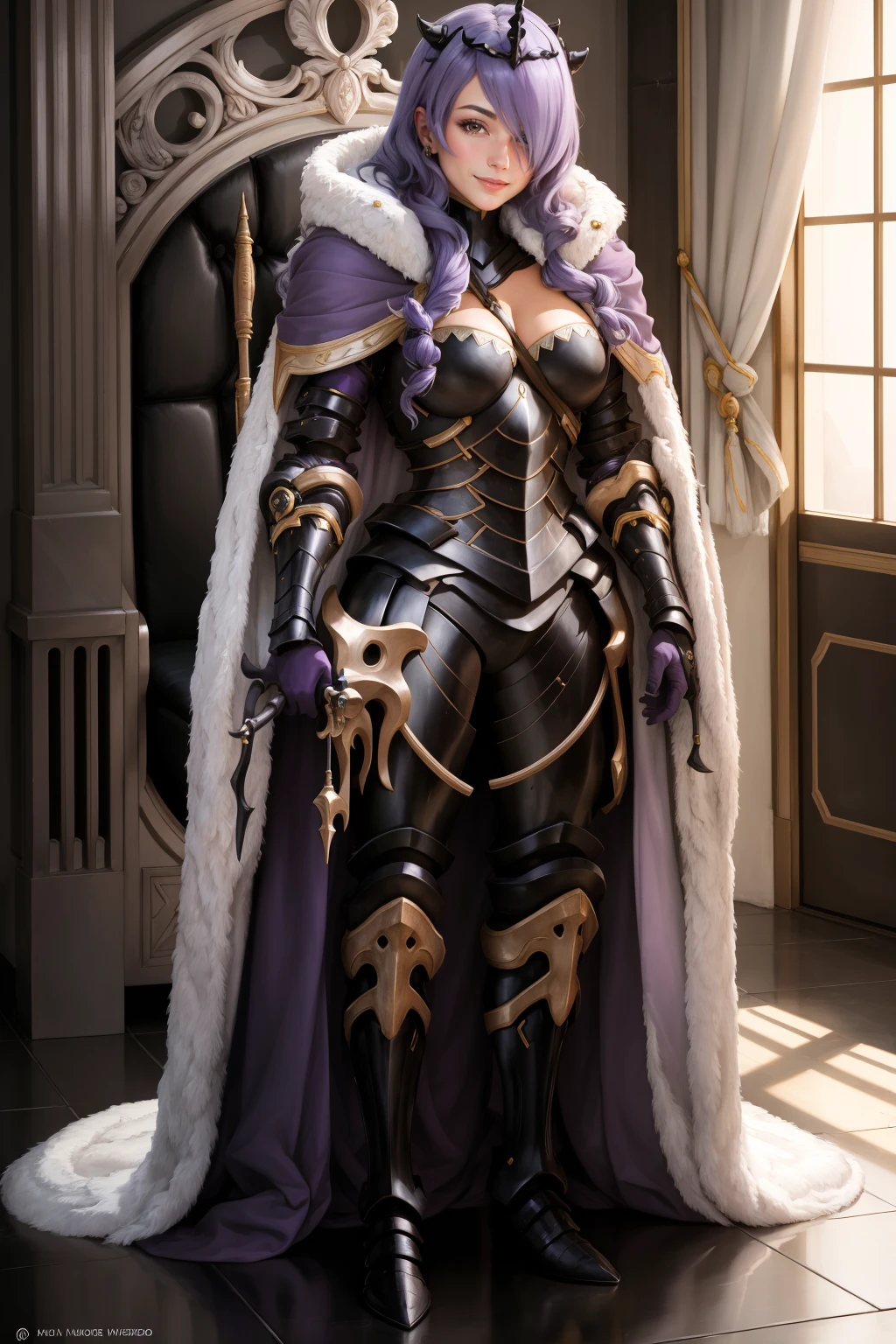 masterpiece, best quality, brvCamilla, crown, cape, armor, gloves, fur trim, armored boots, looking at viewer, throne room, standing, adjusting gloves, looking at viewer, smile <lora:camilla-nvwls-v1-000010:0.9>