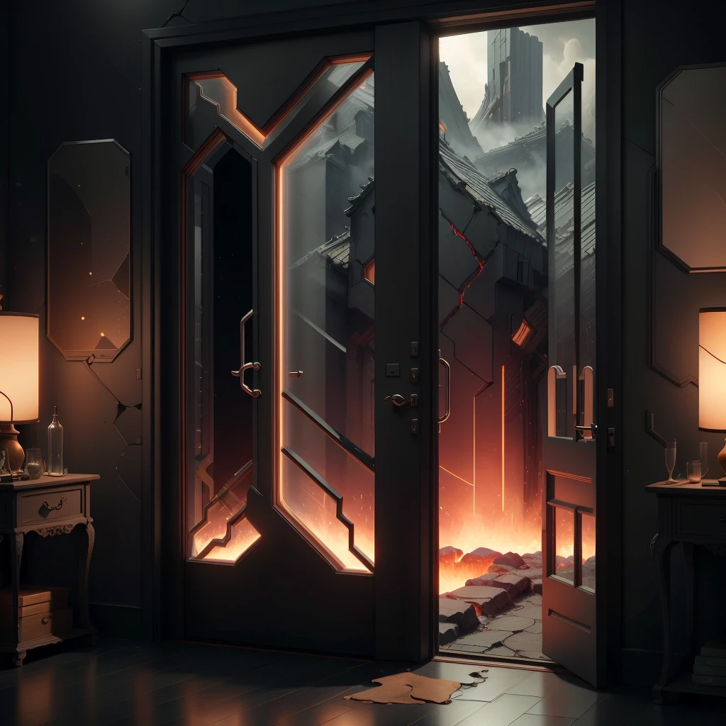 <lora:MagmaTech-20:1>,MagmaTech,lava, glass east asian architecture, glass door,