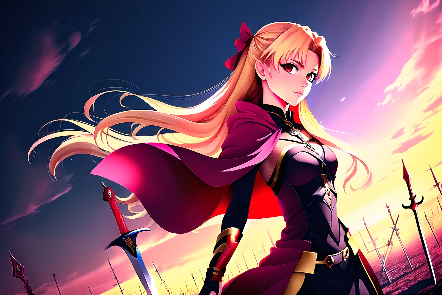 Highly detailed, High Quality, Masterpiece, beautiful,  Unlimited Blade Works, <lora:UnlimitedBladeWorksv0.4:0.8>, ereshkigal, ereshkigaldress, blonde hair, long hair, red eyes, <lora:Char_Fate_Ereshkigal:0.6>, (detailed face and eyes:1.3)