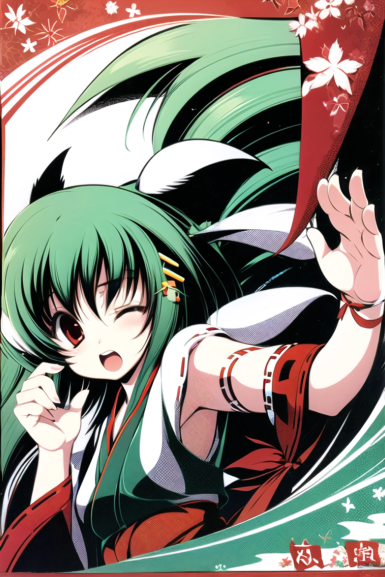1girl, solo, animal ears, green hair, one eye closed, japanese clothes, red eyes, hair ornament, miko, short hair, ribbon, feathers, <lora:tenmu:0.9>