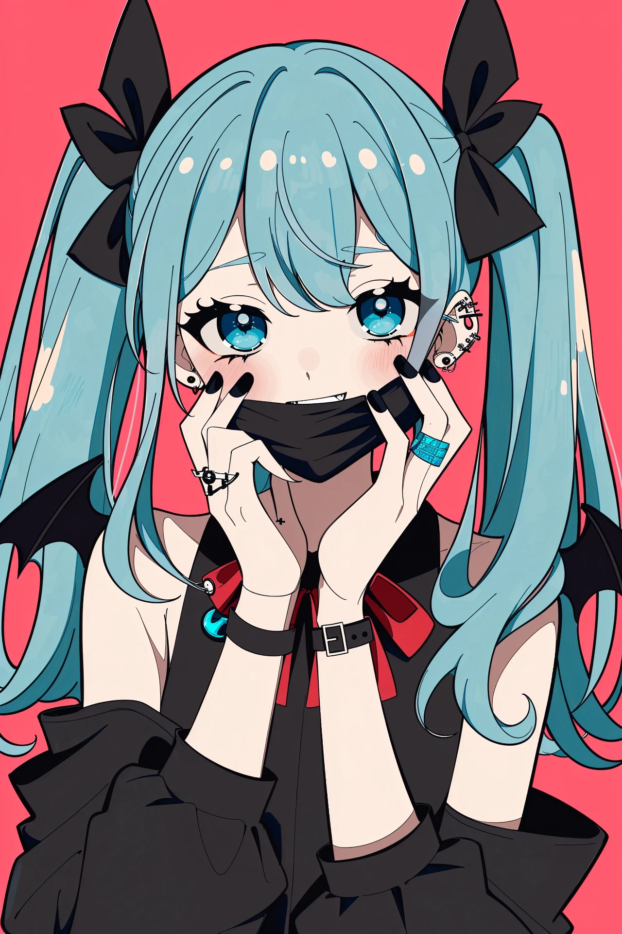 by omutatsu, 1girl, hatsune miku, solo, heart, mask pull, jirai kei, jewelry, ring, red background, mask, pink shirt, twintails, mouth mask, looking at viewer, heart hair ornament, shirt, smile, teeth, simple background, open mouth, ribbon, wings, piercing, nail polish, earrings, long sleeves, bangs, hair ornament, long hair, frills, fangs, bow, blue eyes, bat wings, ear piercing, blue hair, upper body, black nails, aqua hair, hair bow, multiple rings, black ribbon