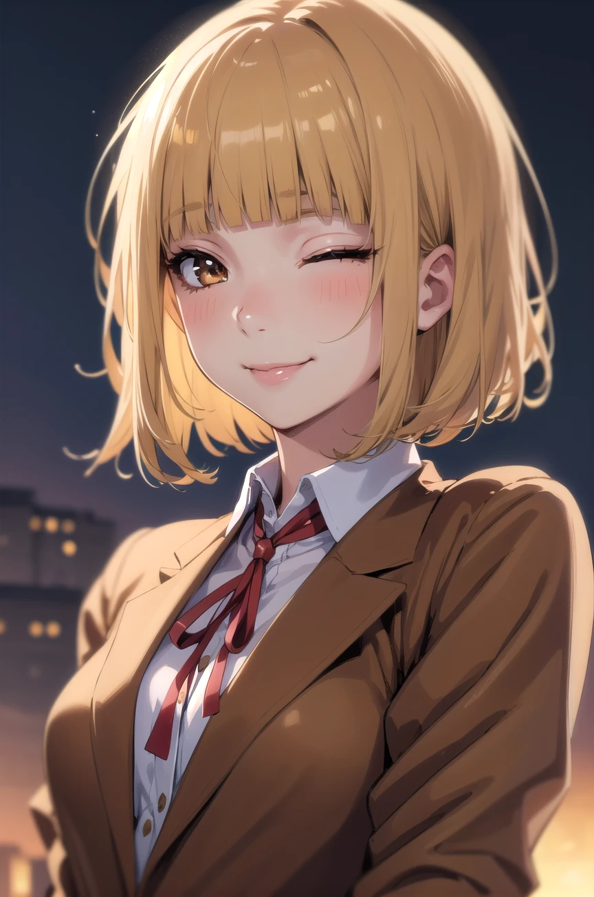 (masterpiece,best quality, detailed), 1girl, solo, outdoors, evening, upper body, smile, closed mouth, squinting, eyelashes,
midorikawa hana, brown jacket, neck ribbon, collared shirt, school uniform