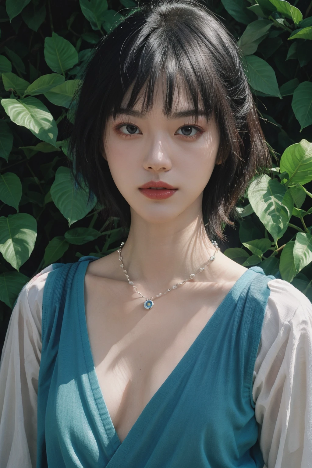 fashion photography portrait of woman avatar, 1girl in blue lush Alien Rainforest with flowers and birds, fantasy, lips, octane render, hdr, Dolby Vision, (intricate details, hyperdetailed:1.2), (natural skin texture, hyperrealism, soft light:1.2), fluffy short hair, , sharp focus, night, necklace, Chinese mythology, cleavage, medium breasts, sci-fi headband, looking at viewer, best quality, perfect body, <lora:Velvia1:0.6>