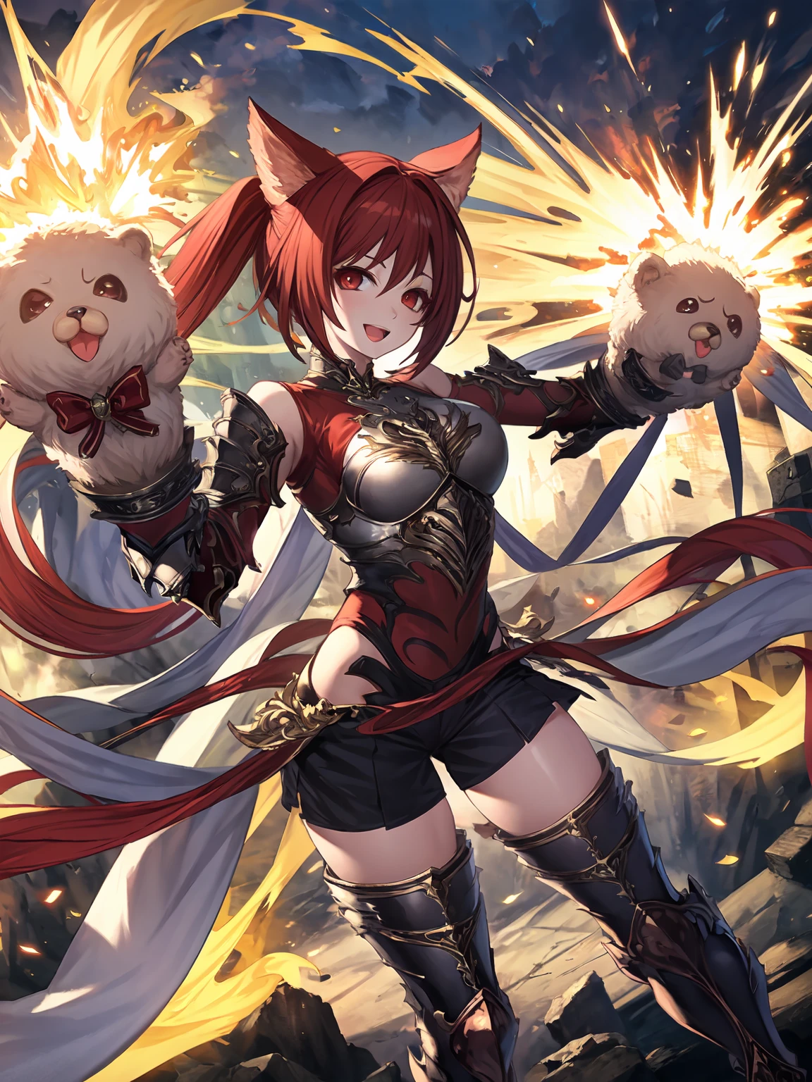 masterpiece,best quality,highres,1girl,<lora:CerberusV1:0.75>,firing puppets out,firing hand puppets out,firing doggy gloves out,gloves,armor,looking at viewer,fire,explosion,:d