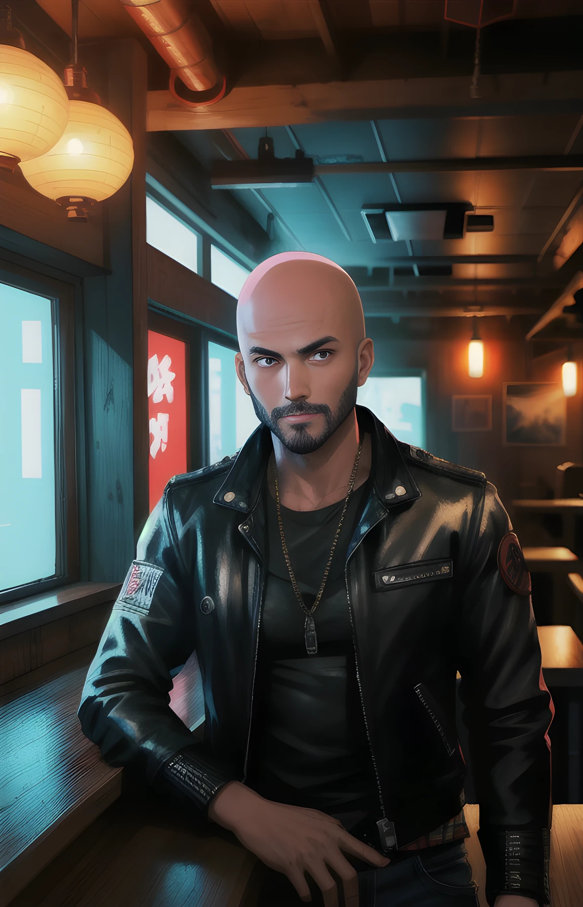 absurdres, highres, ultra detailed, photorealistic, (1boy:1.3), japanese actor, solo, BREAK young man, bald head, (black beard:1),30 years old, tanned skin, hiphop, leather jacket and (flannel shirt) , blitish style, BREAK drinking on a desk counter in (an old British pub), inside, dimly lit room, (Whiskey: 1.2), (view from inside of desk counter:1.1), night, BREAK (Design a cyberpunk world), with neon lights, advanced technology, and a dystopian atmosphere
