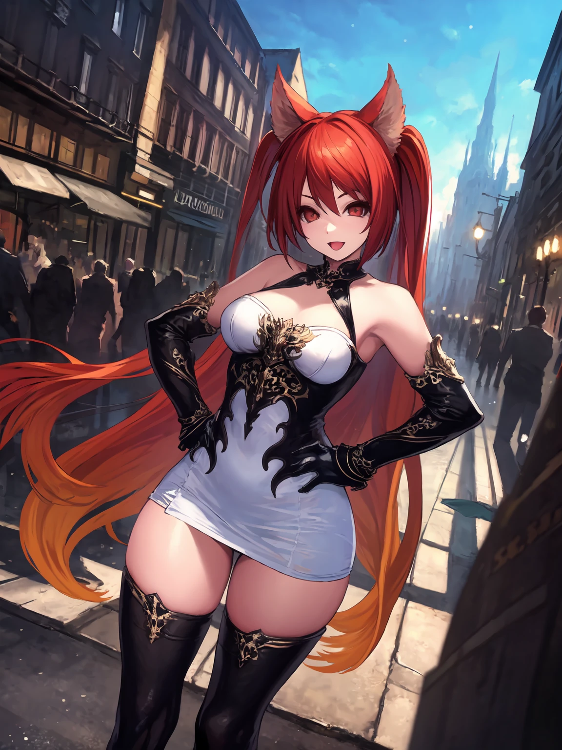 masterpiece,best quality,highres,1girl,<lora:CerberusV1:0.75>,:d,white dress,street scape,hands on own hips,looking at viewer,shops,crowd,(depth of field:1.4),thighhighs,thick thighs