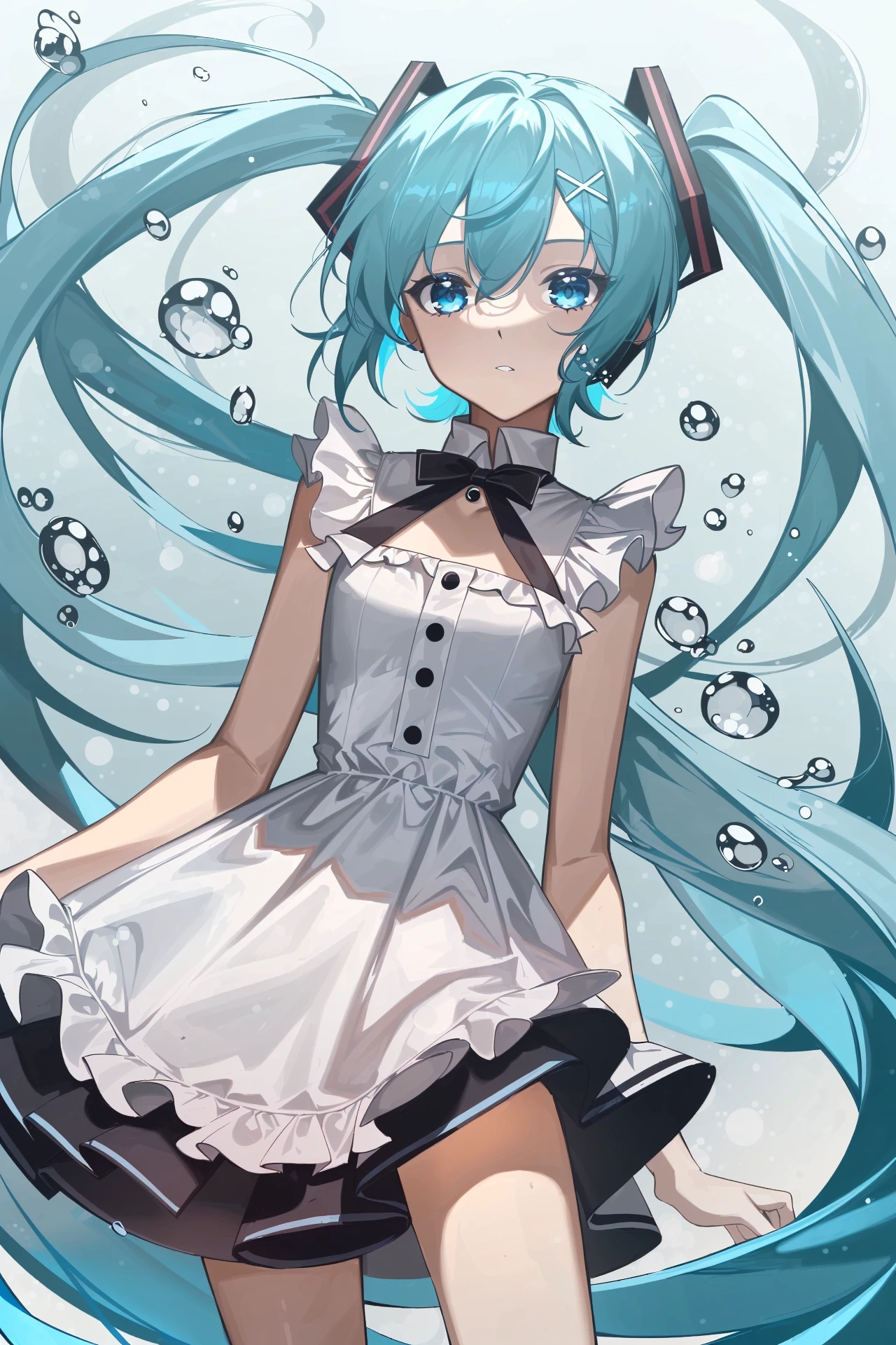 by siki, 1girl, solo, hatsune miku, dress, long hair, twintails, black dress, blue hair, blue eyes, underwater, looking at viewer, bubble, parted lips, collarbone, bangs, feet out of frame, air bubble, sleeveless dress, sleeveless, very long hair, breasts, small breasts, floating hair, bow, hair ribbon, ribbon, frills