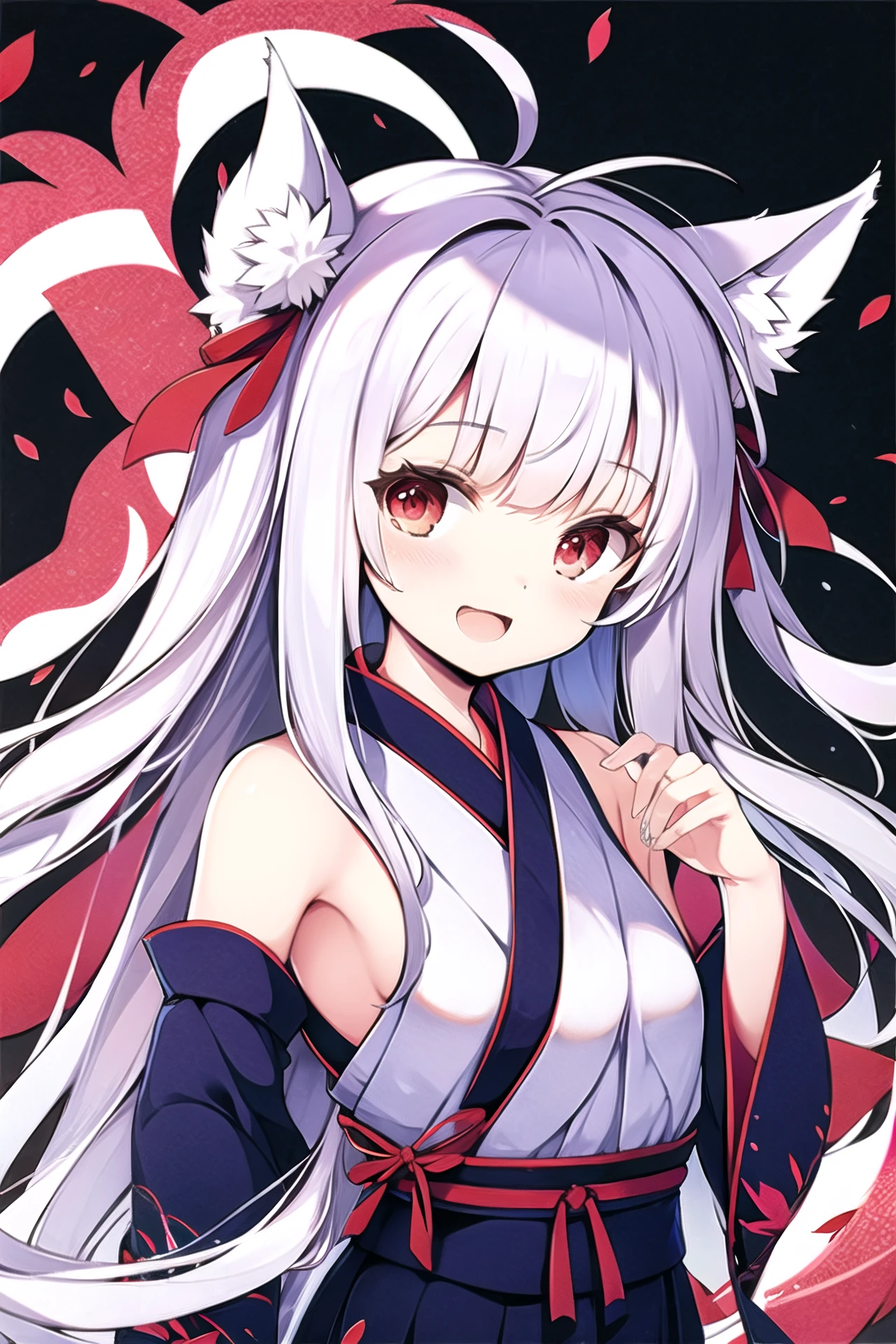 1girl, solo, animal ears, open mouth, long hair, smile, fox ears, red eyes, looking at viewer, animal ear fluff, bangs, bow, :d, ahoge, red bow, petals, upper body, hand up, detached sleeves, japanese clothes, blush, white hair, bare shoulders, long sleeves, wide sleeves, ribbon, fingernails, hair ornament, floating hair,  <lora:tenmu:0.9>