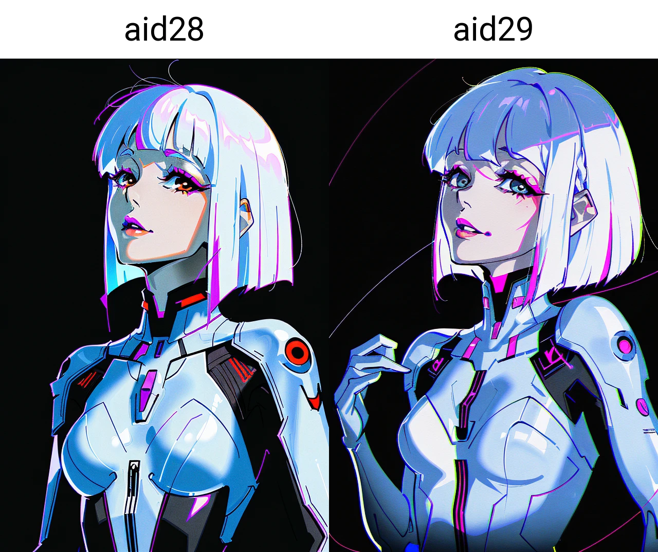 by yoneyama mai, 1girl, lucy \(cyberpunk\), solo, parted lips, short hair, looking at viewer, upper body, bangs, multicolored hair, bodysuit, cyberpunk, black background