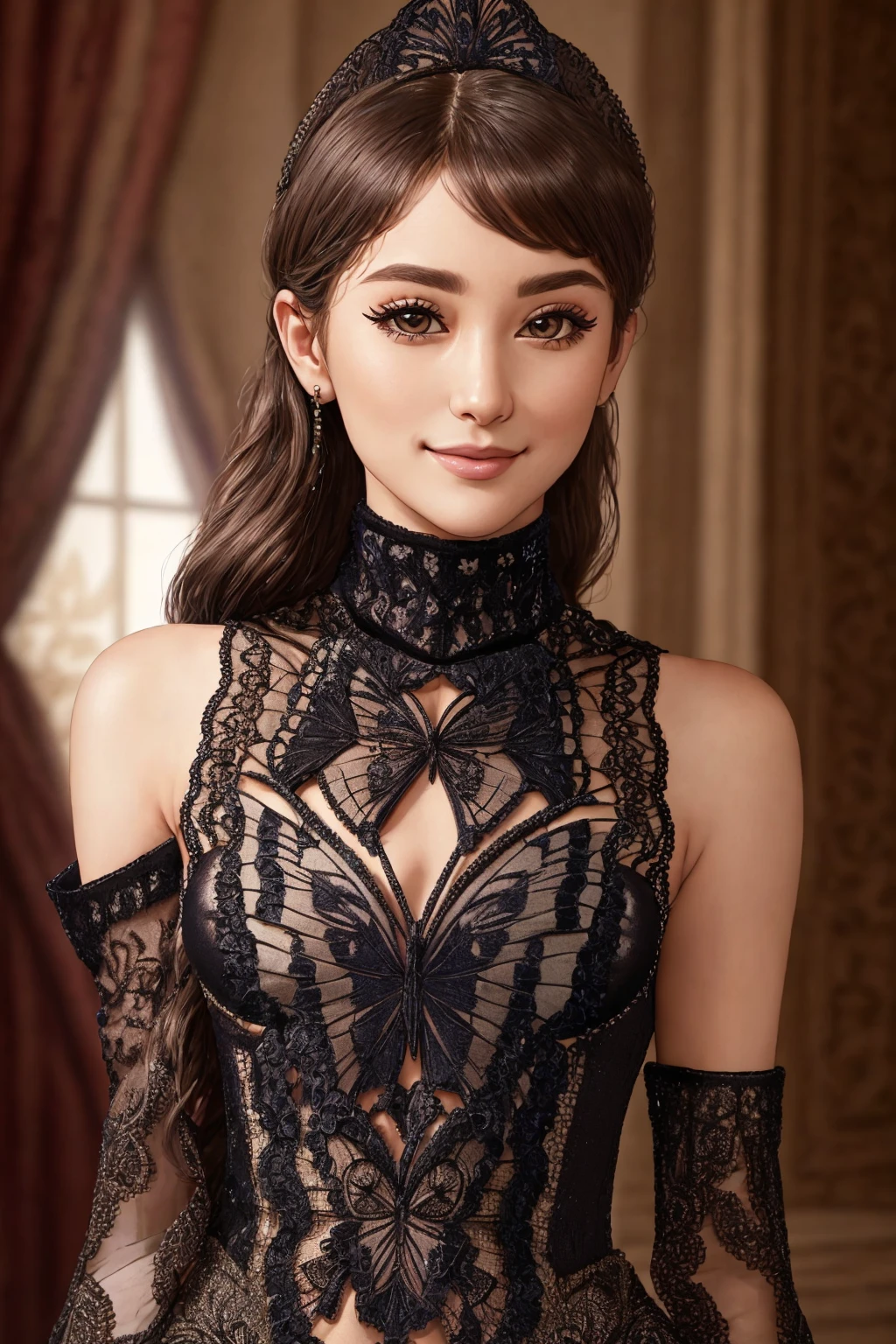 Masterpiece, absurdres,HDR ,highly detailed eyes and face, butterfly_top, a woman in a black corset ,wearing butterfly_top, butterfly design embroidery, wearing the corset with lace, <lora:butterfly_Corset:1>